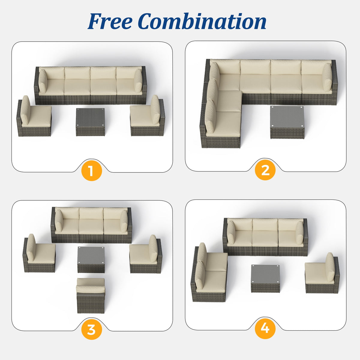 RoyalCraft 7-Piece Modular Patio Furniture Set, Wicker Outdoor Sectional Sofa with Cushions and Coffee Table, All Weather Patio Conversation Sets for Porch Balcony Backyard, Beige
