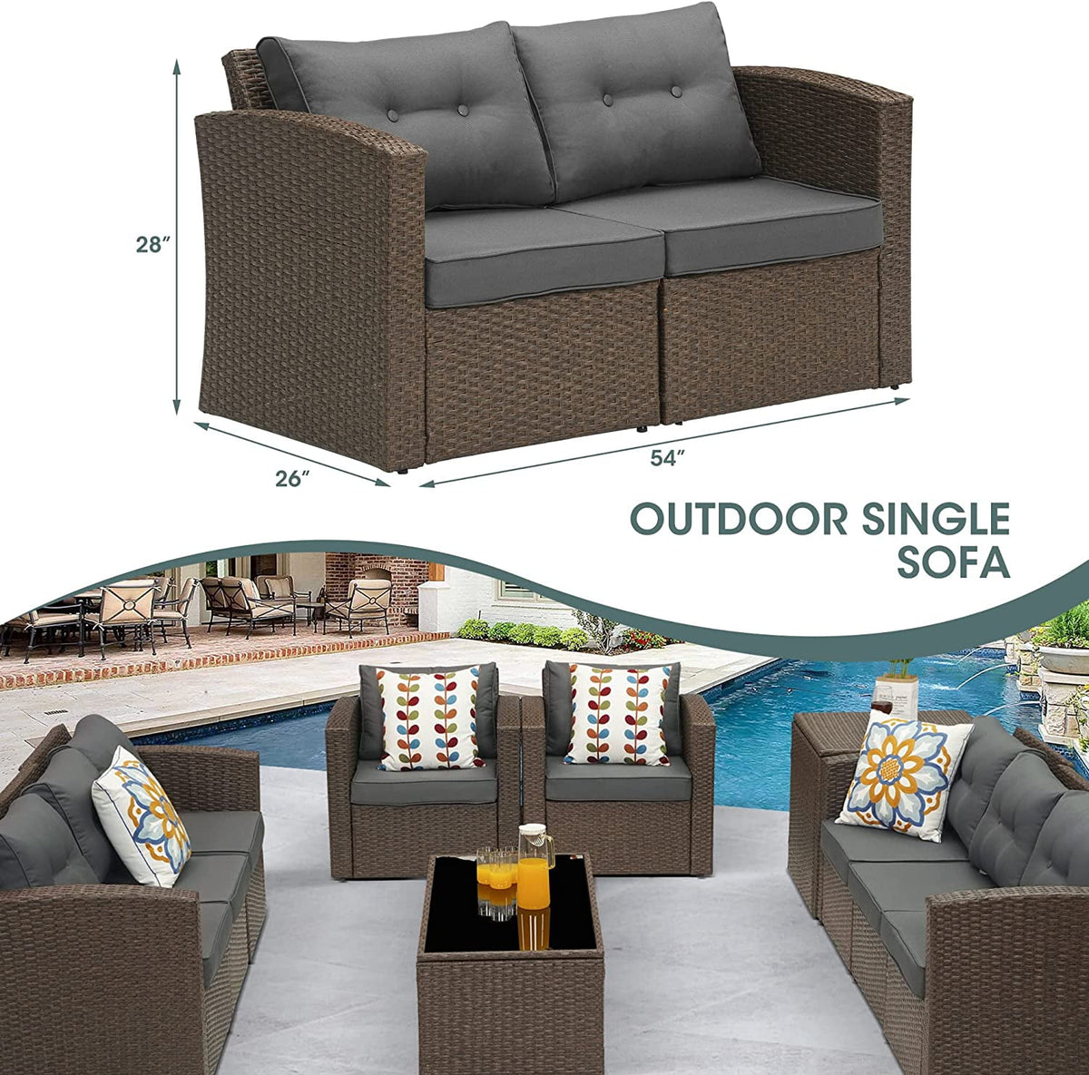 RoyalcraftPatio Wicker Loveseat 2-Seater Sofa, Rattan Wicker Sofa for 2 Persons with Cushions for Garden, Beach, Balcony and Poolside, Aluminum Frame