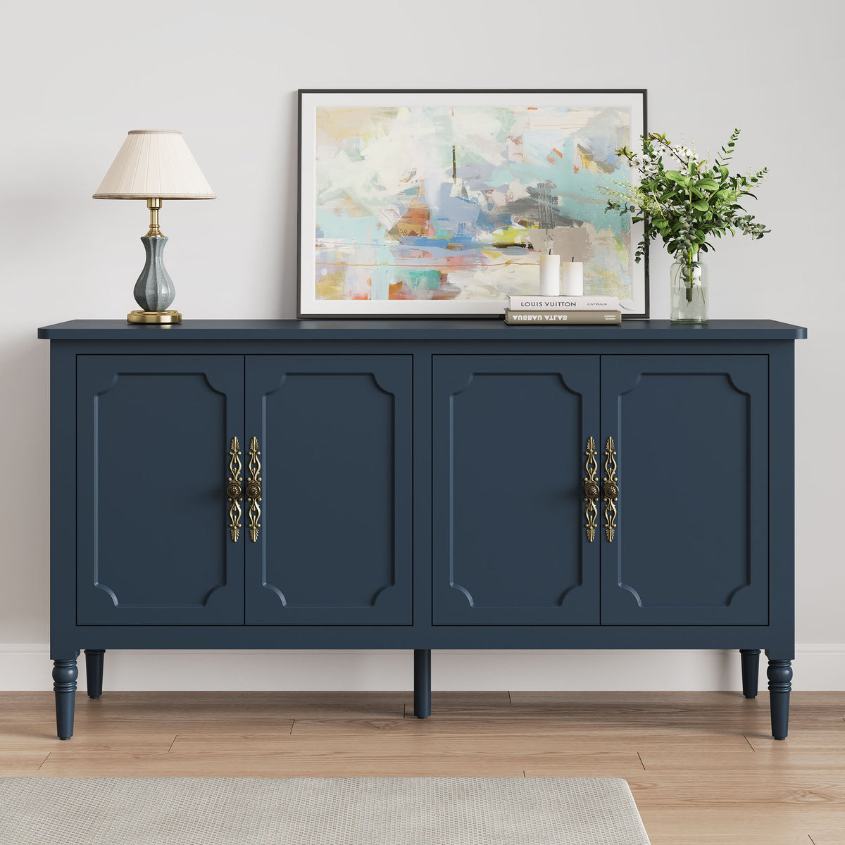 Console Cabinet, 58'' Mid Century Modern Pantry Cabinet, Wood Buffet Cabinet, Media Cabinet with 4 Doors, Accent Cabinet for Entryway, Living Room, Bedroom, Dining Room