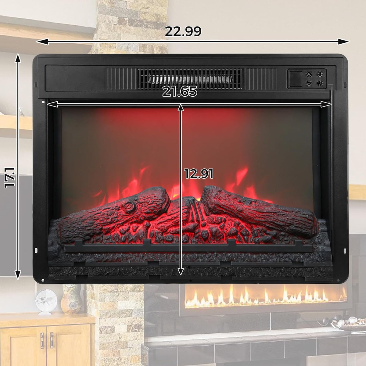 Heynemo 23 Inch Electric Fireplace Insert for TV Stand, Recessed Mounted Fireplace Heater with 3D Multicolor Flames and Timer, 1400W Free Standing Heater with Remote Control, Low Noise, Black