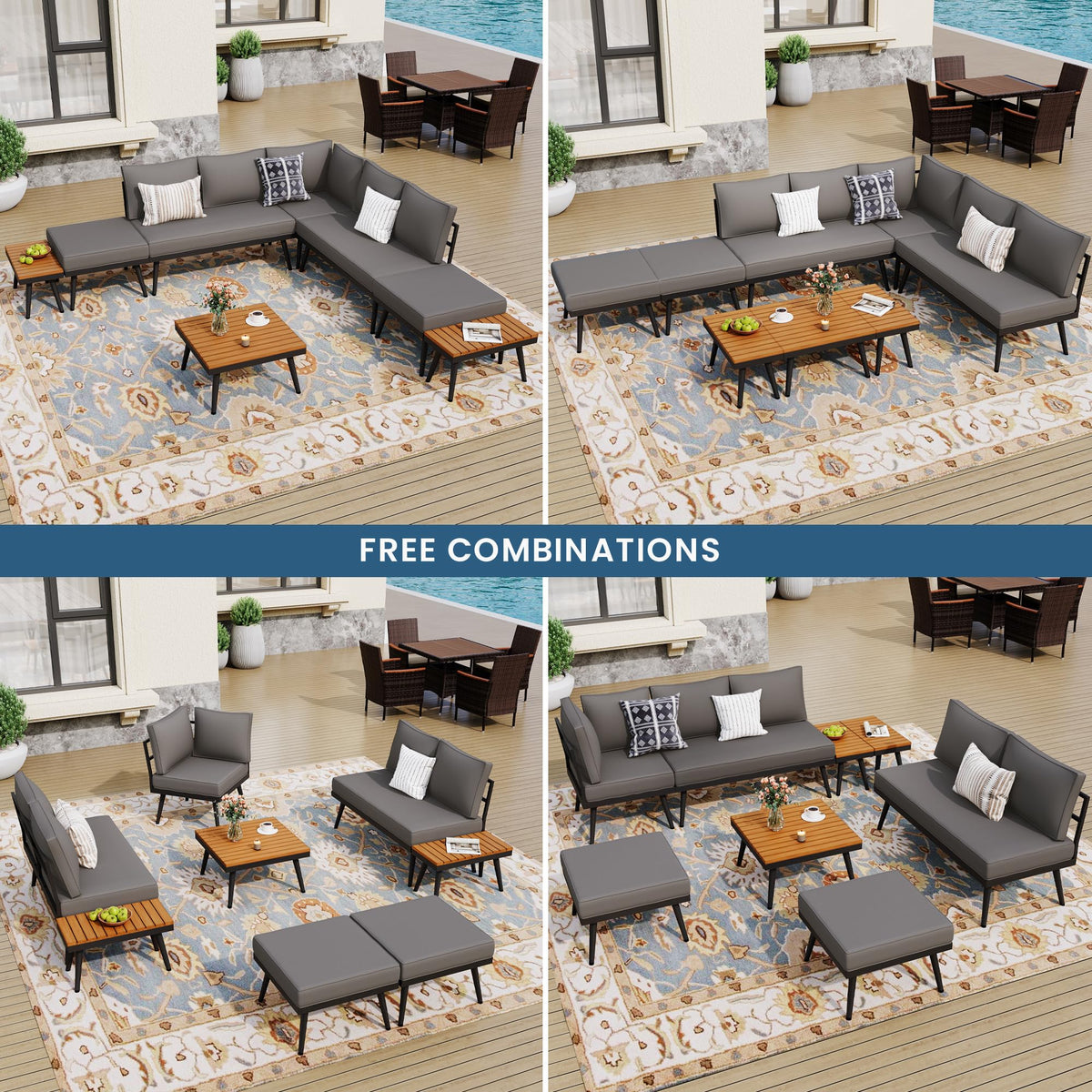 Royalcraft 8 Pieces Outdoor Patio Furniture Set, Outdoor Sectional Sofa Set with Angled Legs and Cushions, Outdoor Patio Conversation Set for Backyard, Porch, Patio, Backyard, Grey