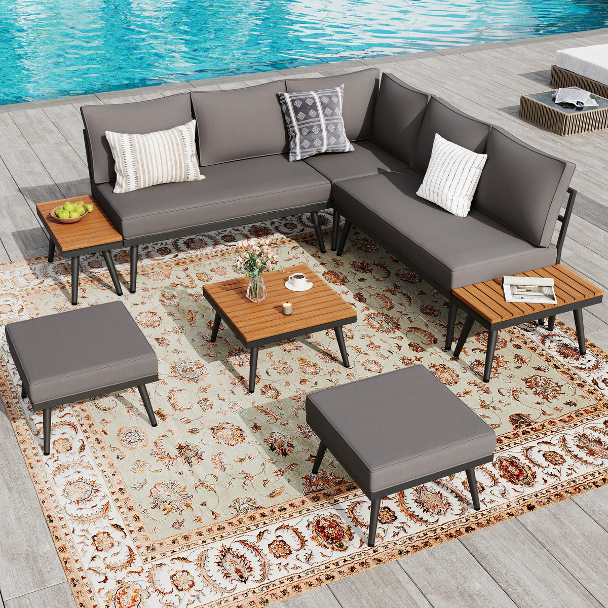 Royalcraft 8 Pieces Outdoor Patio Furniture Set, Outdoor Sectional Sofa Set with Angled Legs and Cushions, Outdoor Patio Conversation Set for Backyard, Porch, Patio, Backyard, Grey