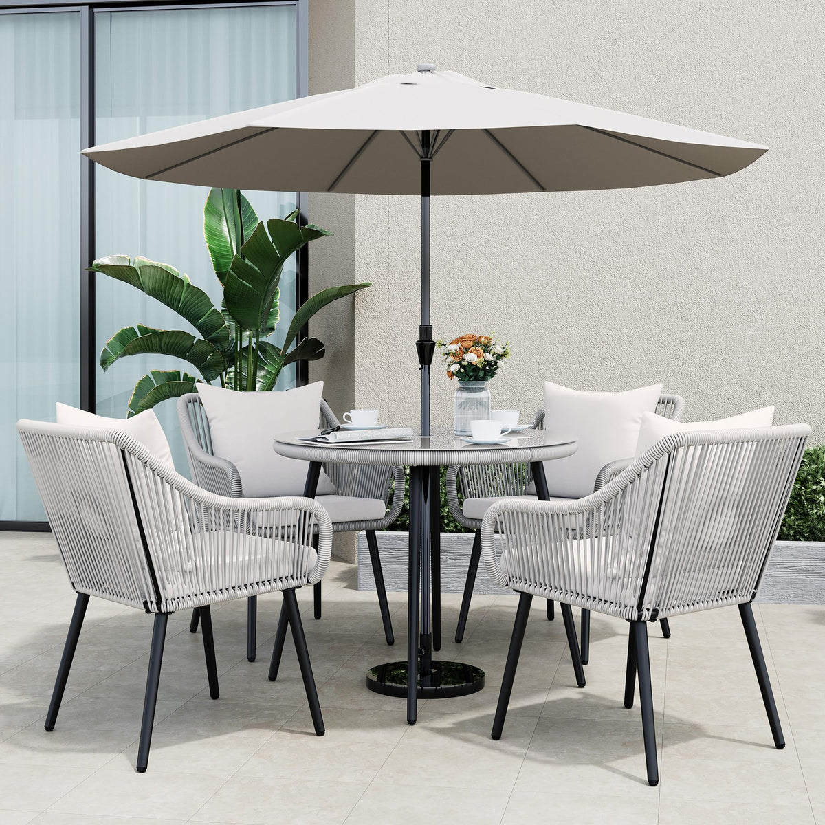 RoyalCraft 5-Piece Patio Dining Table Set, All Weather Twisted Rattan Furniture Set with Cushions, Outdoor Dining Table Chair Set with Umbrella Hole, Ideal for Backyard Balcony Deck Garden, Grey