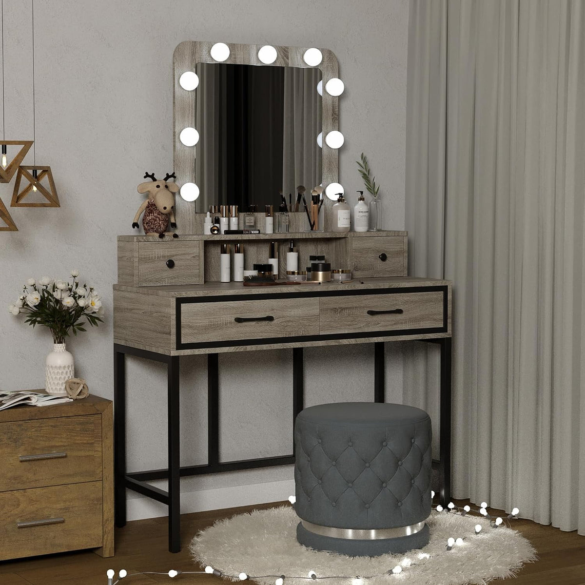 Superjoe Makeup Vanity 3 Color Hollywood Mirror with Dimmable Lighted, Vanity Table with 4 Drawers for Women Girls, Dressing Desk for Bedroom, Beauty Room, Light Gray