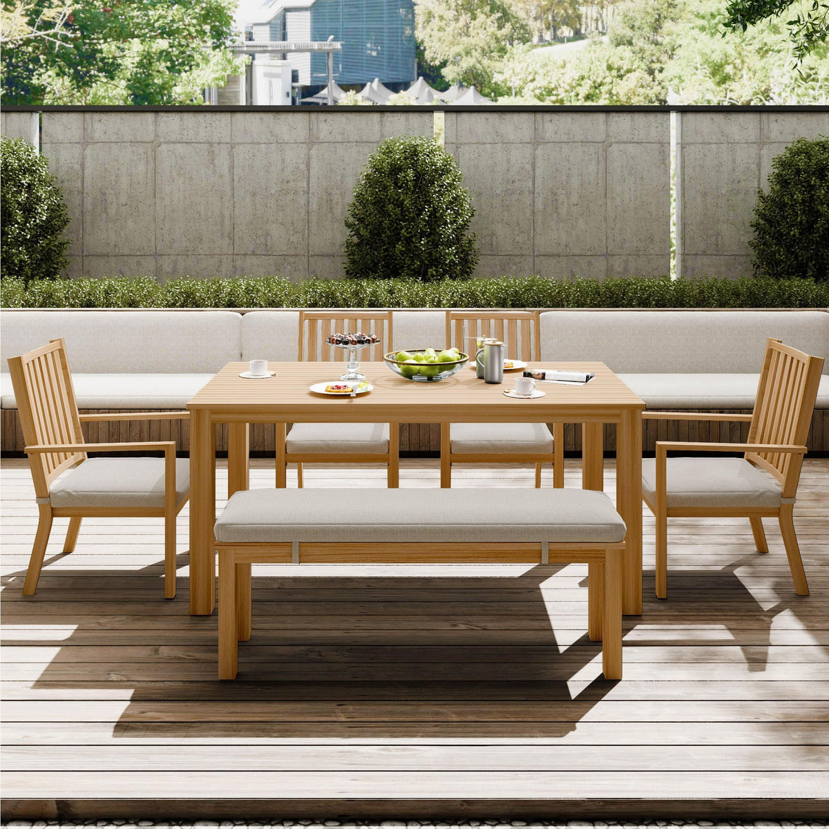 May in Color Aluminum 6 Pieces Patio Dining Sets, Outdoor Dining Table with 4 Chairs and Bench, Outdoor Patio Dining Furniture Set with Removable Cushion for Lawn, Garden, Backyard, Brown