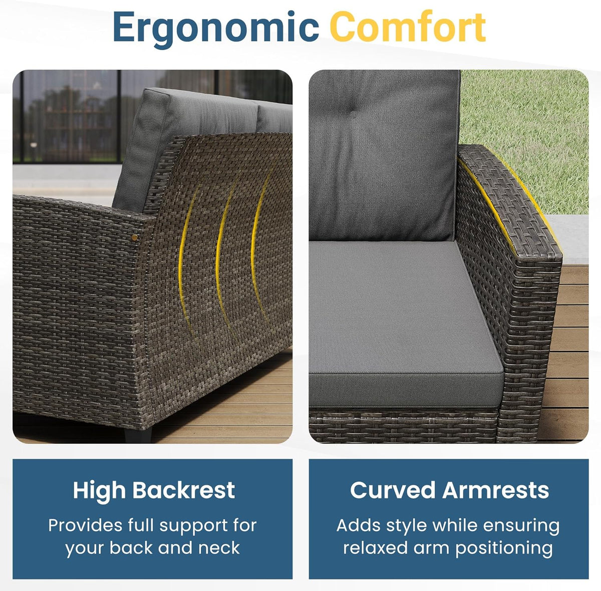 Royalcraft 4-Piece Wicker Patio Conversation Sets with Coffee Table, All Weather Patio Furniture Set with High Backrest, Outdoor Sectional Sofa Couch for Porch Balcony Backyard Deck, Grey