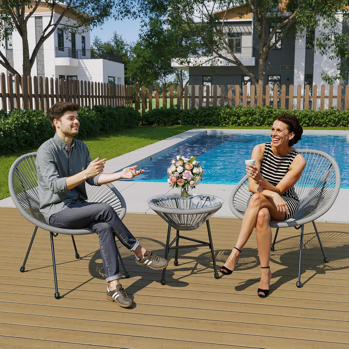 Royalcraft 3-Piece Outdoor Acapulco All-Weather Patio Conversation Bistro Set, Outdoor Woven Rope Chairs and Glass Top Table, 3 Piece Patio Bistro Set for Yard Balcony Poolside, Grey