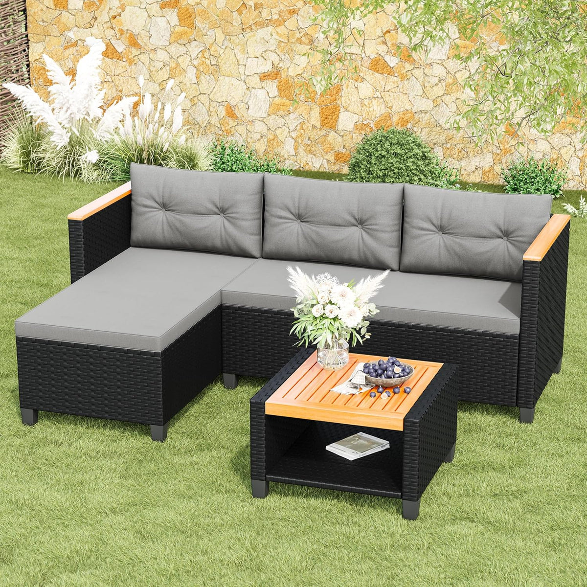 RoyalCraft 3-Piece Outdoor Patio Furniture Set, PE Wicker L-Shaped Sectional with Storage Table and Cushions, Small Rattan Conversation Set for Balcony Garden Deck