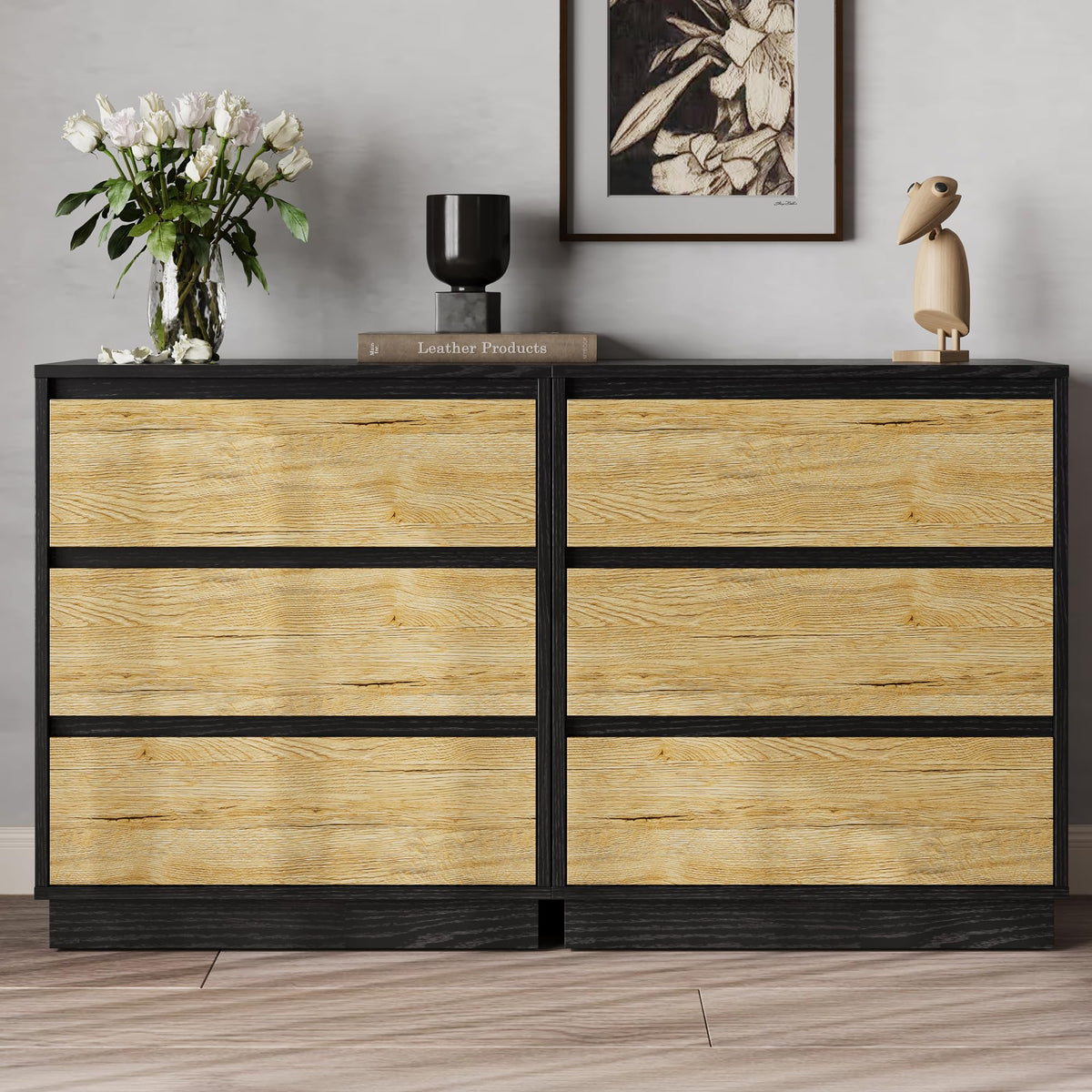 RoyaCraft Wide Nightstand with 3 Drawers, Black Nightstand for Bedroom, Large End Table Bedside Table for Living Room, Black and White