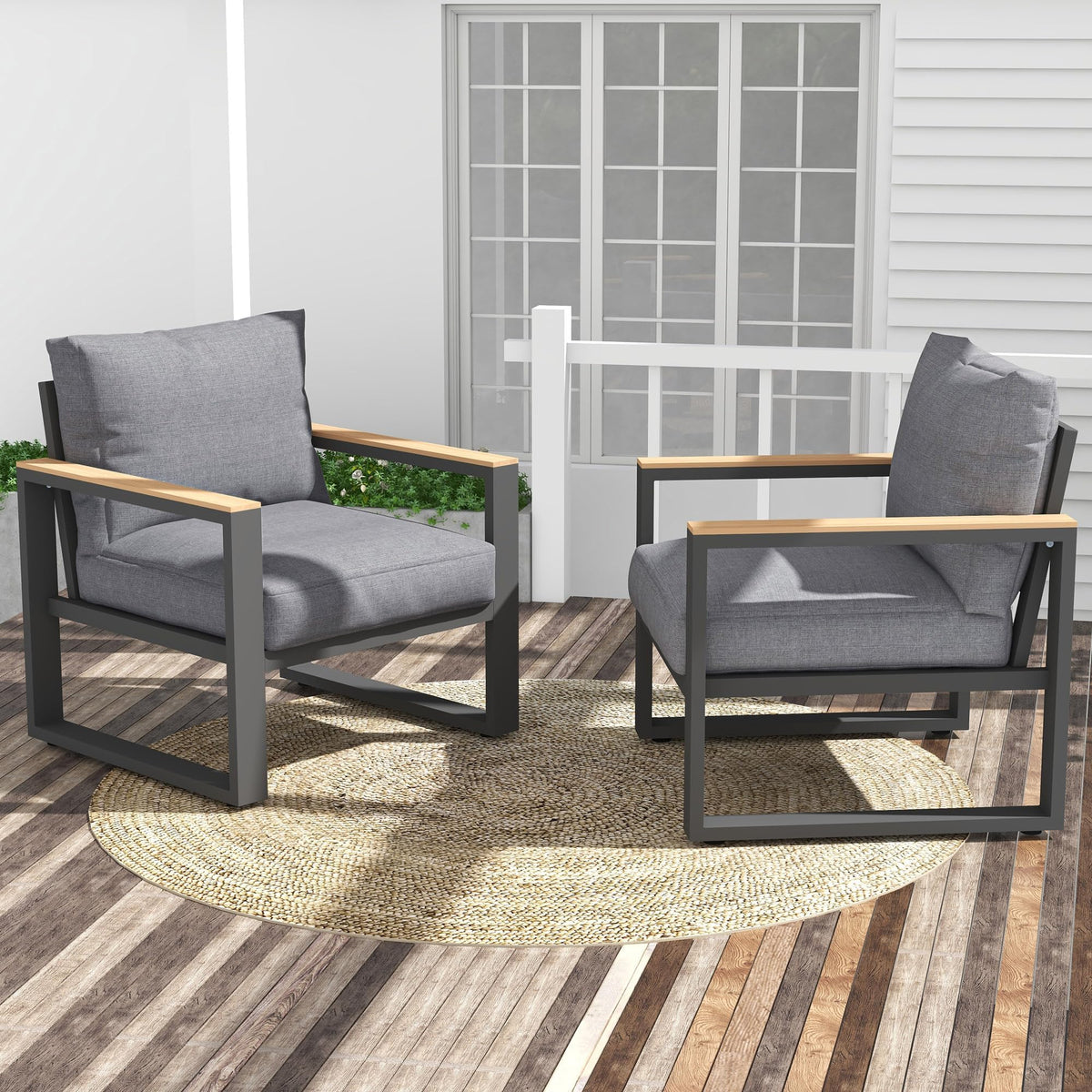 CozyHome Aluminum Outdoor Armchair, 2 Pieces All-Weather Metal Patio Single Sofa, Patio Conversation Set for Porch Backyard Garden, Grey