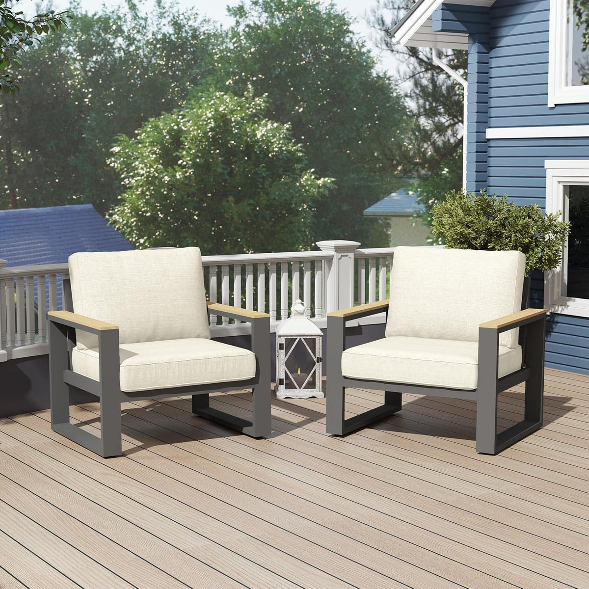 CozyHome Aluminum Outdoor Armchair, 2 Pieces All-Weather Metal Patio Single Sofa, Patio Conversation Set for Porch Backyard Garden, Beige