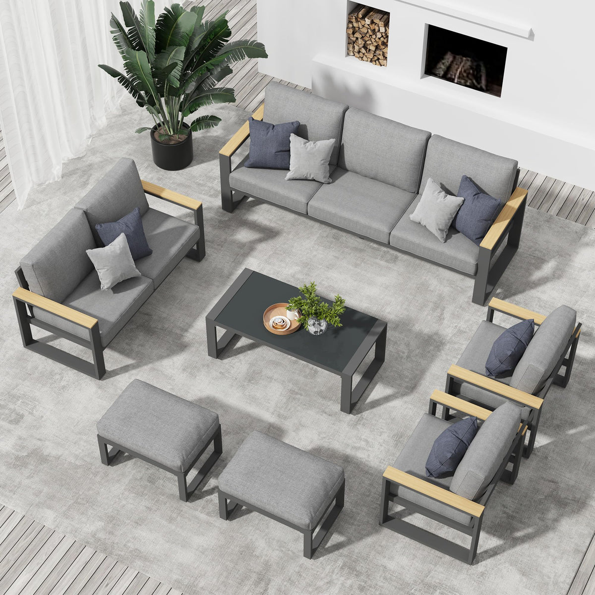 Aluminum Outdoor Patio Furniture Set with Height-adjustable Footrest for Lawn Porches Patio, 6 Piece All-weather Patio Sofa Sets with Coffee Table & Ottomans, Outdoor Patio Conversation set, Grey