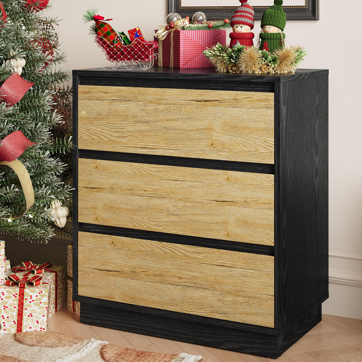 RoyaCraft Wide Nightstand with 3 Drawers, Black Nightstand for Bedroom, Large End Table Bedside Table for Living Room, Black and White