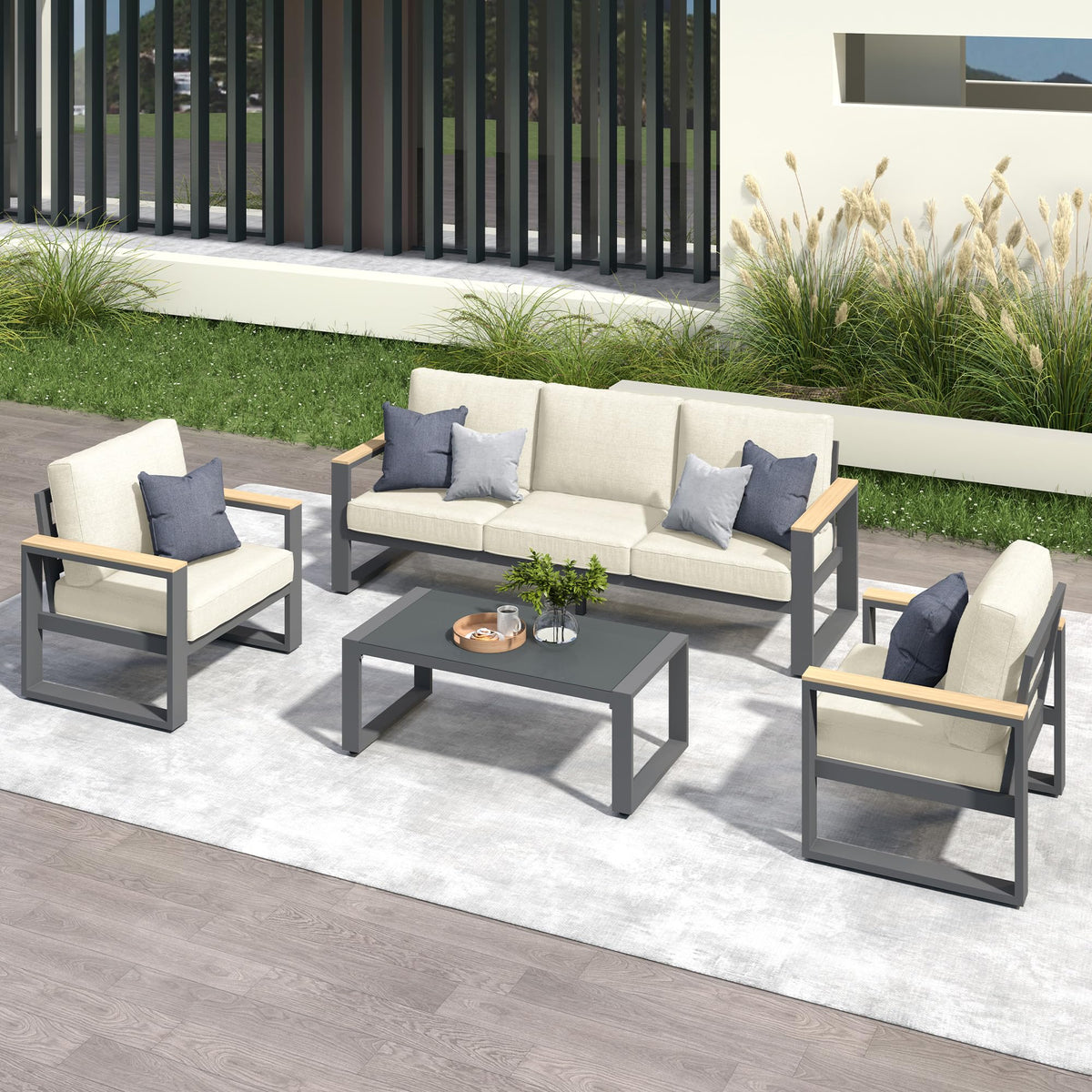 CozyHome Aluminum Patio Furniture, 5-Seats Metal Outdoor Furniture Set with Coffee Table, Modern Patio Sofa Sets Outdoor Conversation Set for Pool Garden Porch Backyard, Beige