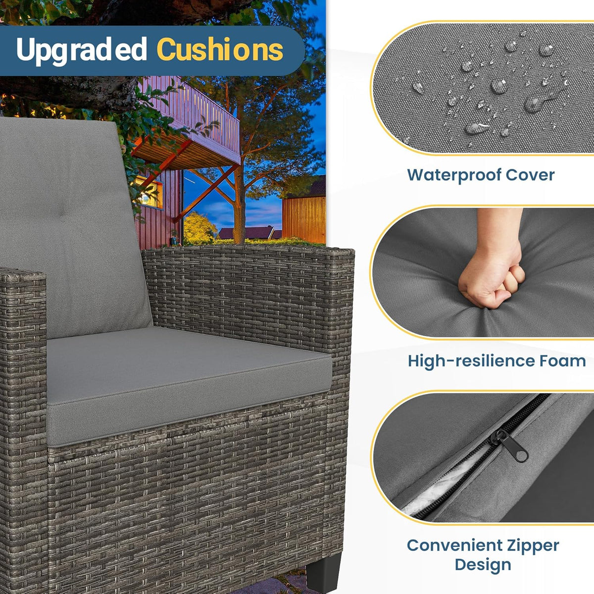 Royalcraft 4-Piece Wicker Patio Conversation Sets with Coffee Table, All Weather Patio Furniture Set with High Backrest, Outdoor Sectional Sofa Couch for Porch Balcony Backyard Deck, Grey