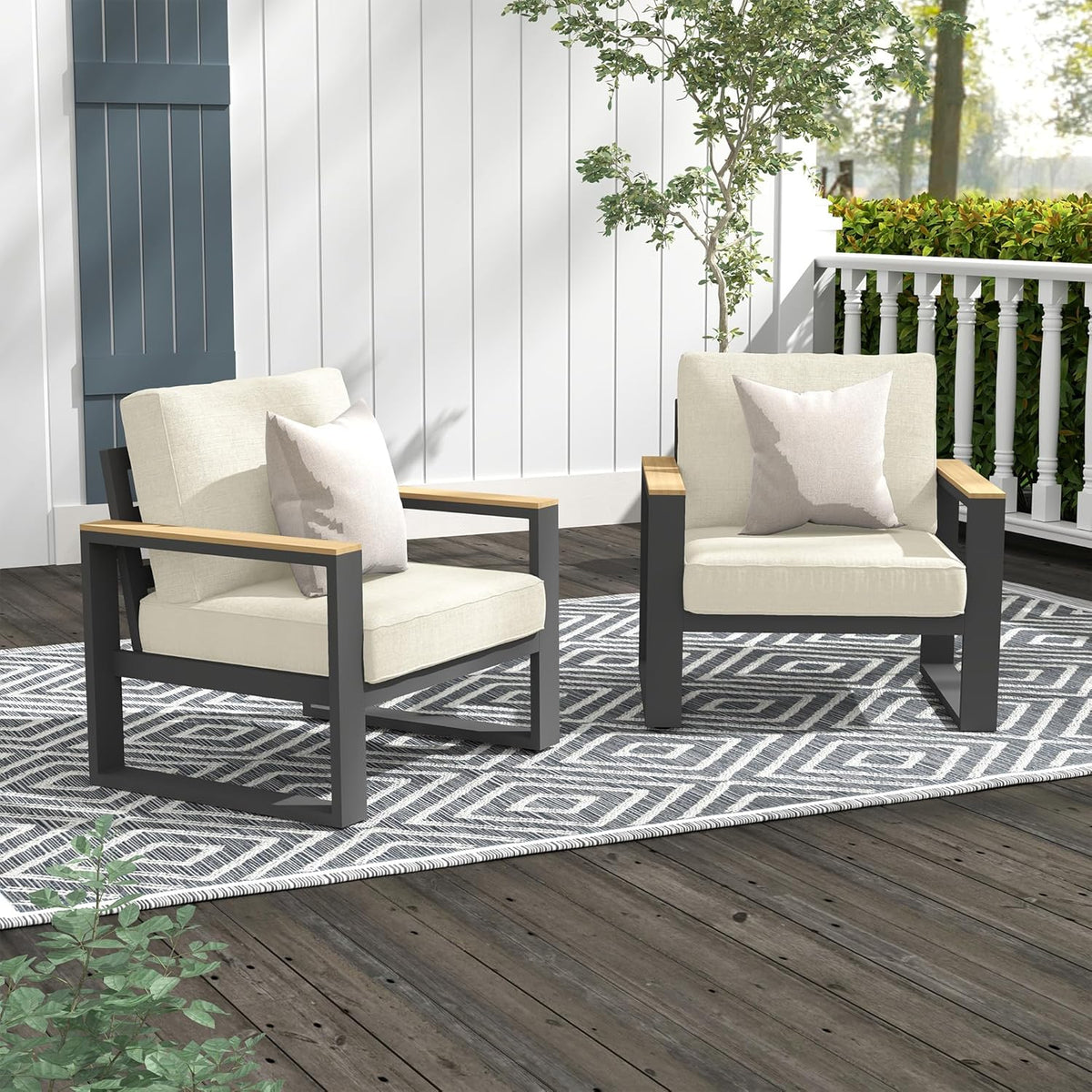 CozyHome Aluminum Outdoor Armchair, 2 Pieces All-Weather Metal Patio Single Sofa, Patio Conversation Set for Porch Backyard Garden, Beige
