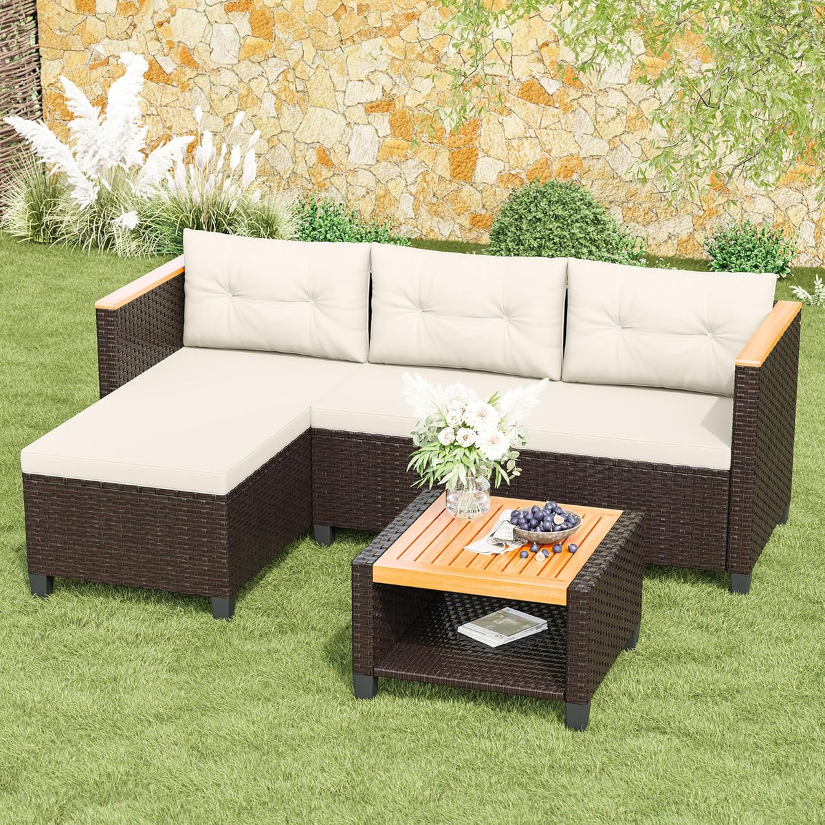 RoyalCraft 3-Piece Outdoor Patio Furniture Set, PE Wicker L-Shaped Sectional with Storage Table and Cushions, Small Rattan Conversation Set for Balcony Garden Deck