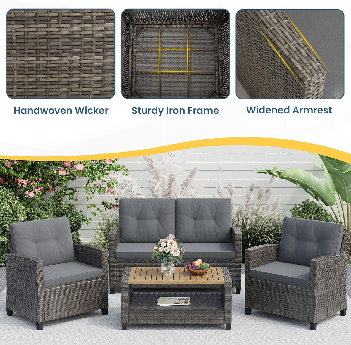 Royalcraft 4-Piece Wicker Patio Conversation Sets with Coffee Table, All Weather Patio Furniture Set with High Backrest, Outdoor Sectional Sofa Couch for Porch Balcony Backyard Deck, Grey