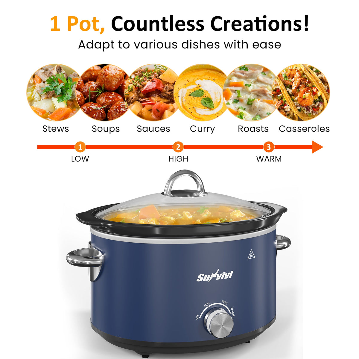 Royalcraft 4QT Compact Slow Cooker & Food Warmer with 3 Temperature Settings, Removable Ceramic Pot, Dishwasher-Safe Glass Lid, Stainless Steel - Blue