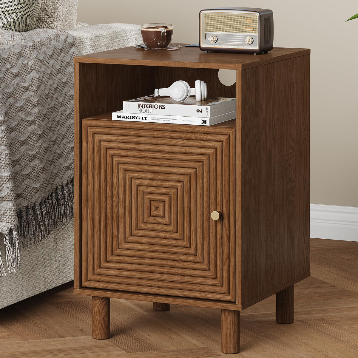 Royalcraft Nightstand with 1 Door, Modern Side Table with Charging Station,  Accent End Table with Solid Wood Legs, Bedside Table for Living Room, Bedroom, Entryway