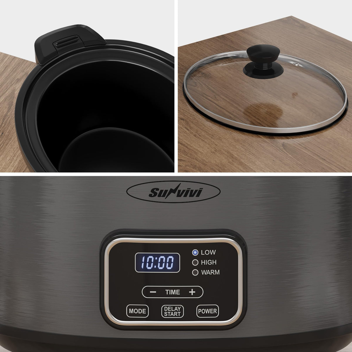 Royalcraft 4QT Slow Cooker, Programmable Pot with Locking Lid, Removable Ceramic Pot, 3 Heating Settings & Time Control,Dishwasher-safe Lid & Pot, Grey