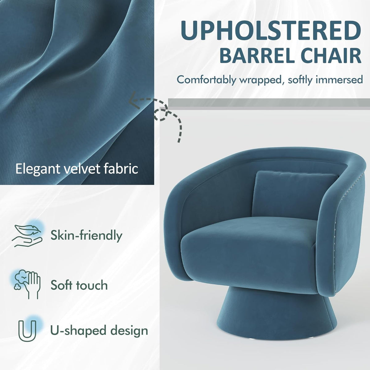 Superjoe Swivel Barrel Chair,360 Degree Swivel Accent Chair, Modern Round Chair with Pillow, Comfy Fabric Living Room Chairs for Bedroom, Office, Blue
