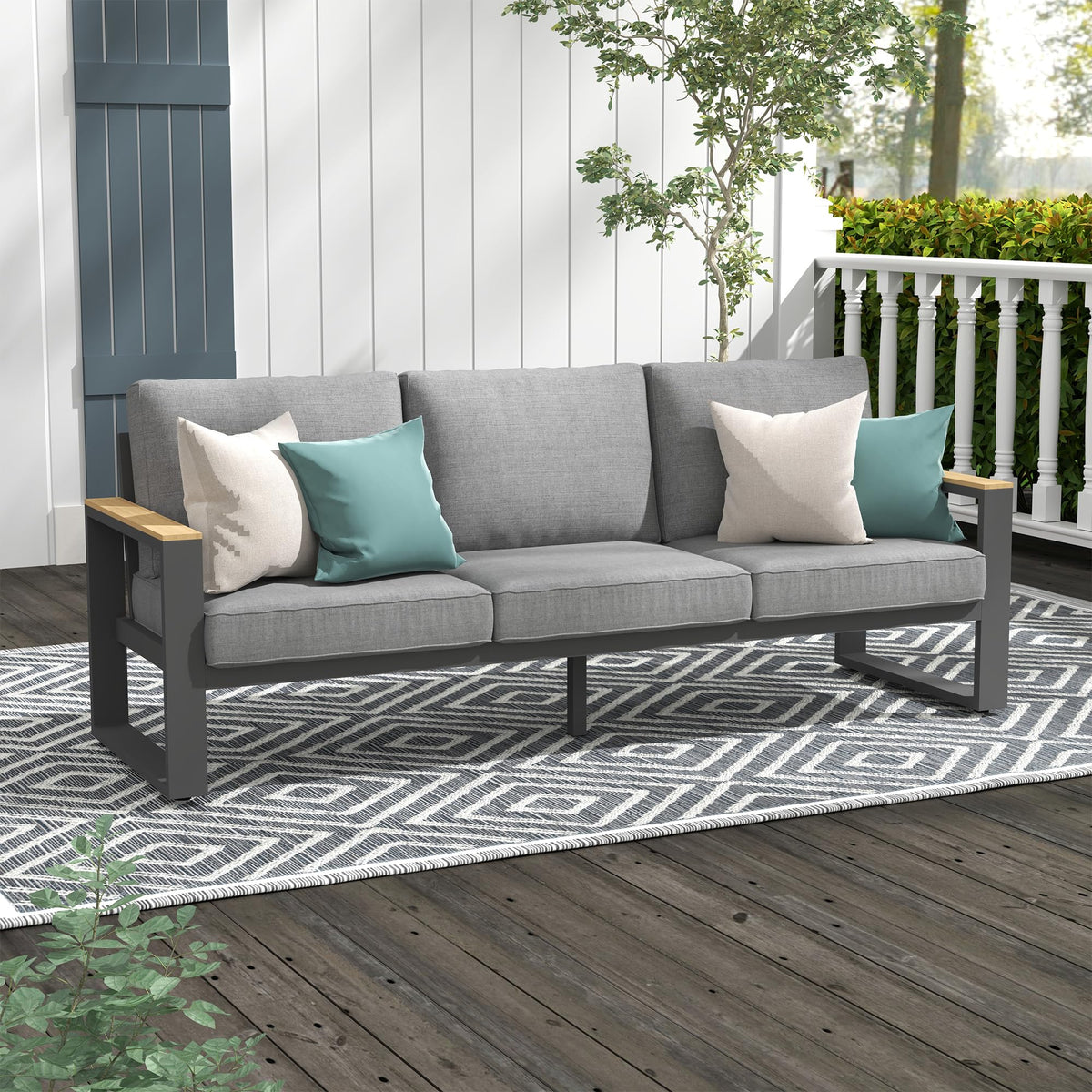 CozyHome Aluminum Outdoor Couch, All-Weather Metal Patio 3-seat Sofa with Soft Thick Cushions, Patio Sofa Couch for Porch Backyard Garden, Grey