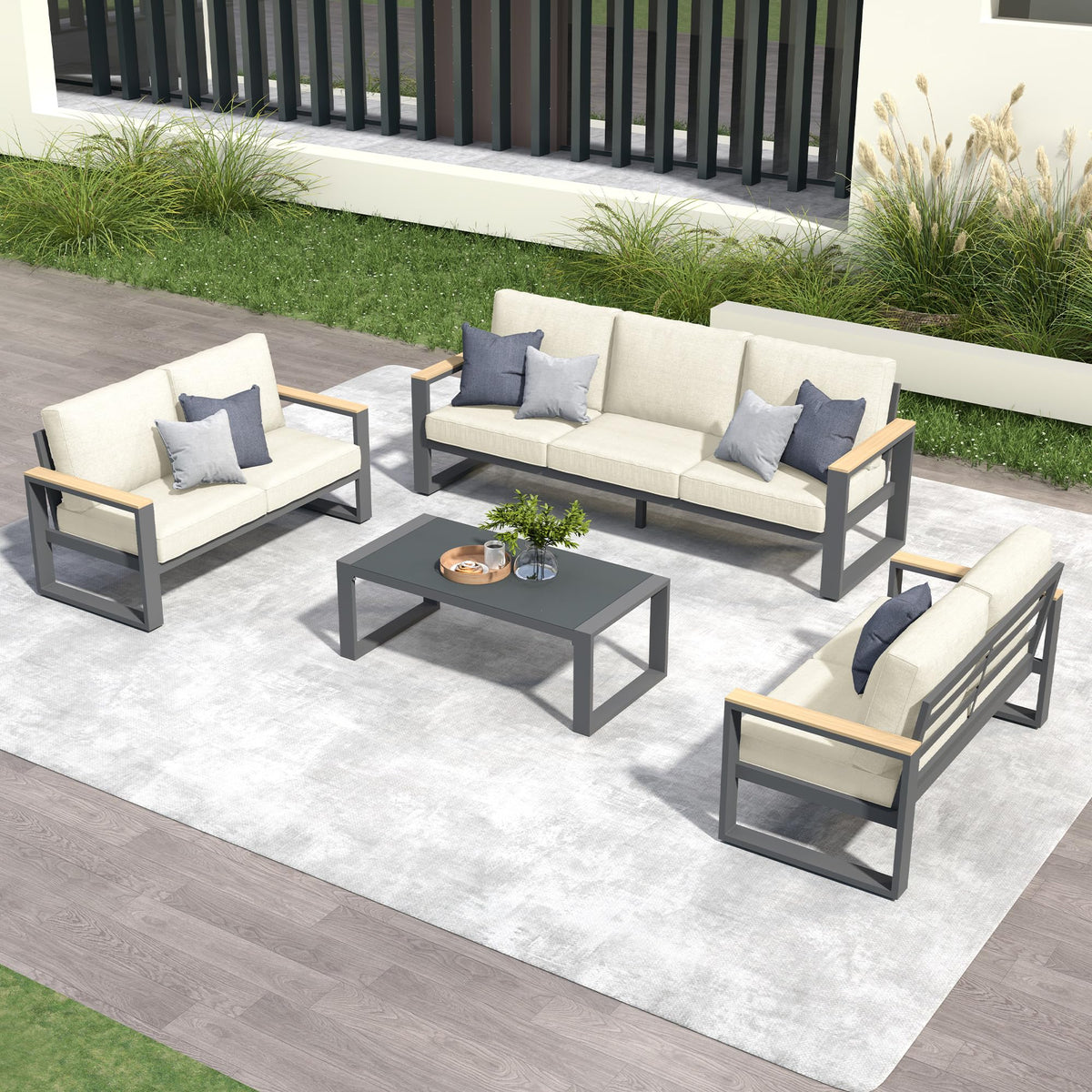 CozyHome Aluminum Patio Furniture Set, 7-Seats Metal Outdoor Furniture Set with Coffee Table, Modern Patio Sofa Sets Outdoor Conversation Set for Garden Pool Porch Backyard, Beige