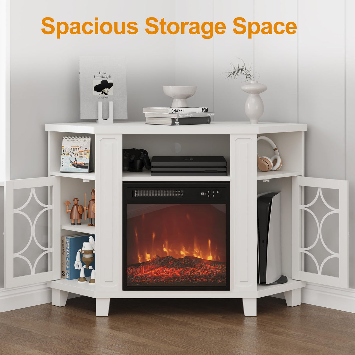 CozyHome Corner TV Stands with 18'' Fireplace, Media Console Table with Adjustable Shelves & Acrylic Doors, Entertainment Center for TVs up to 55'', Corner Cabinet for Living Room, Bedroom, White