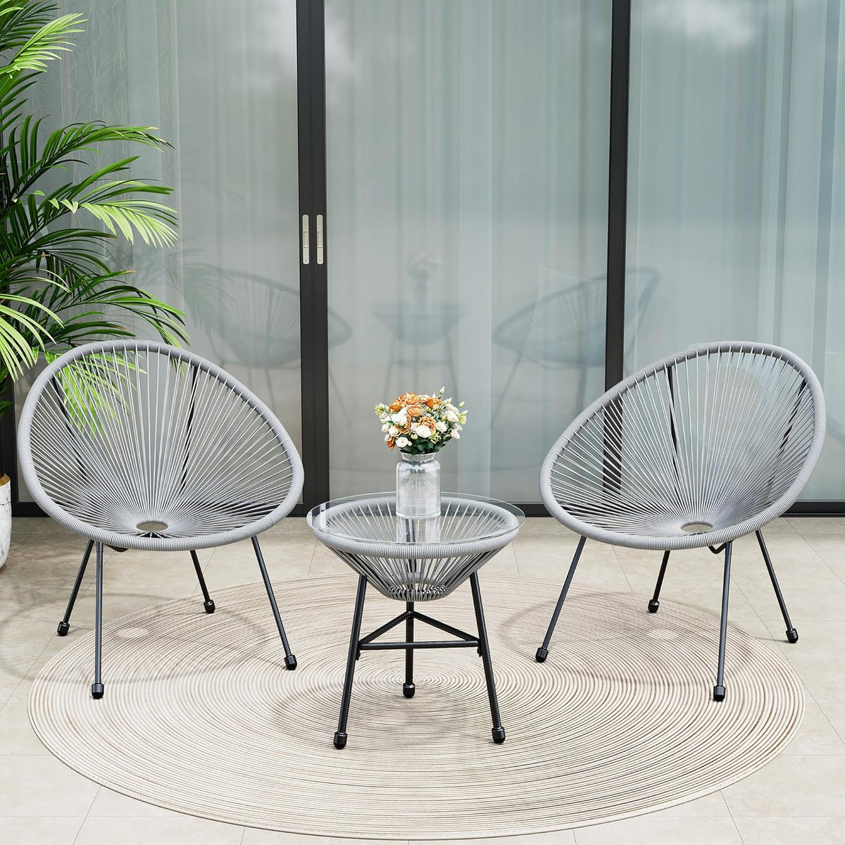 Royalcraft 3-Piece Outdoor Acapulco All-Weather Patio Conversation Bistro Set, Outdoor Woven Rope Chairs and Glass Top Table, 3 Piece Patio Bistro Set for Yard Balcony Poolside, Grey