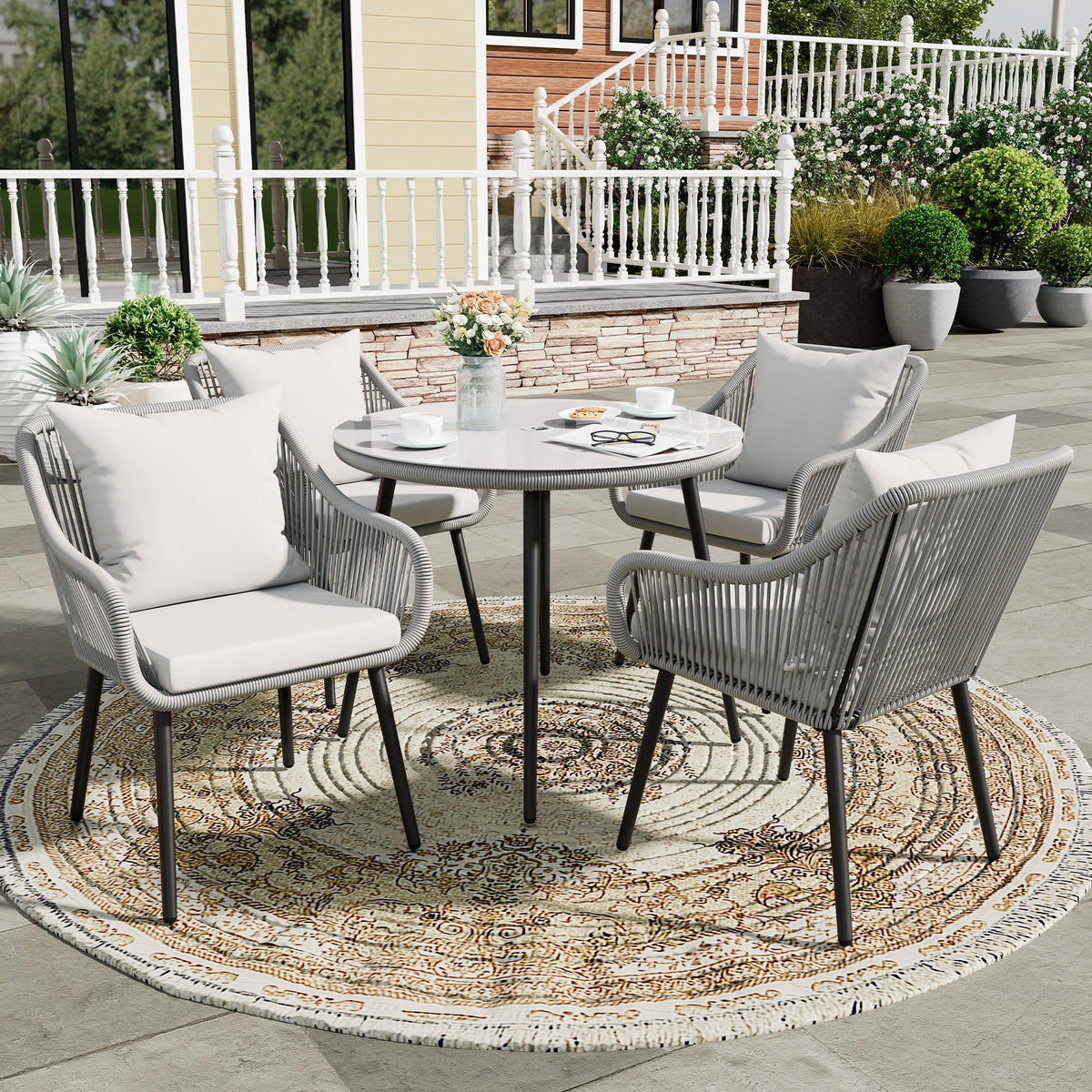 RoyalCraft 5-Piece Patio Dining Table Set, All Weather Twisted Rattan Furniture Set with Cushions, Outdoor Dining Table Chair Set with Umbrella Hole, Ideal for Backyard Balcony Deck Garden, Grey