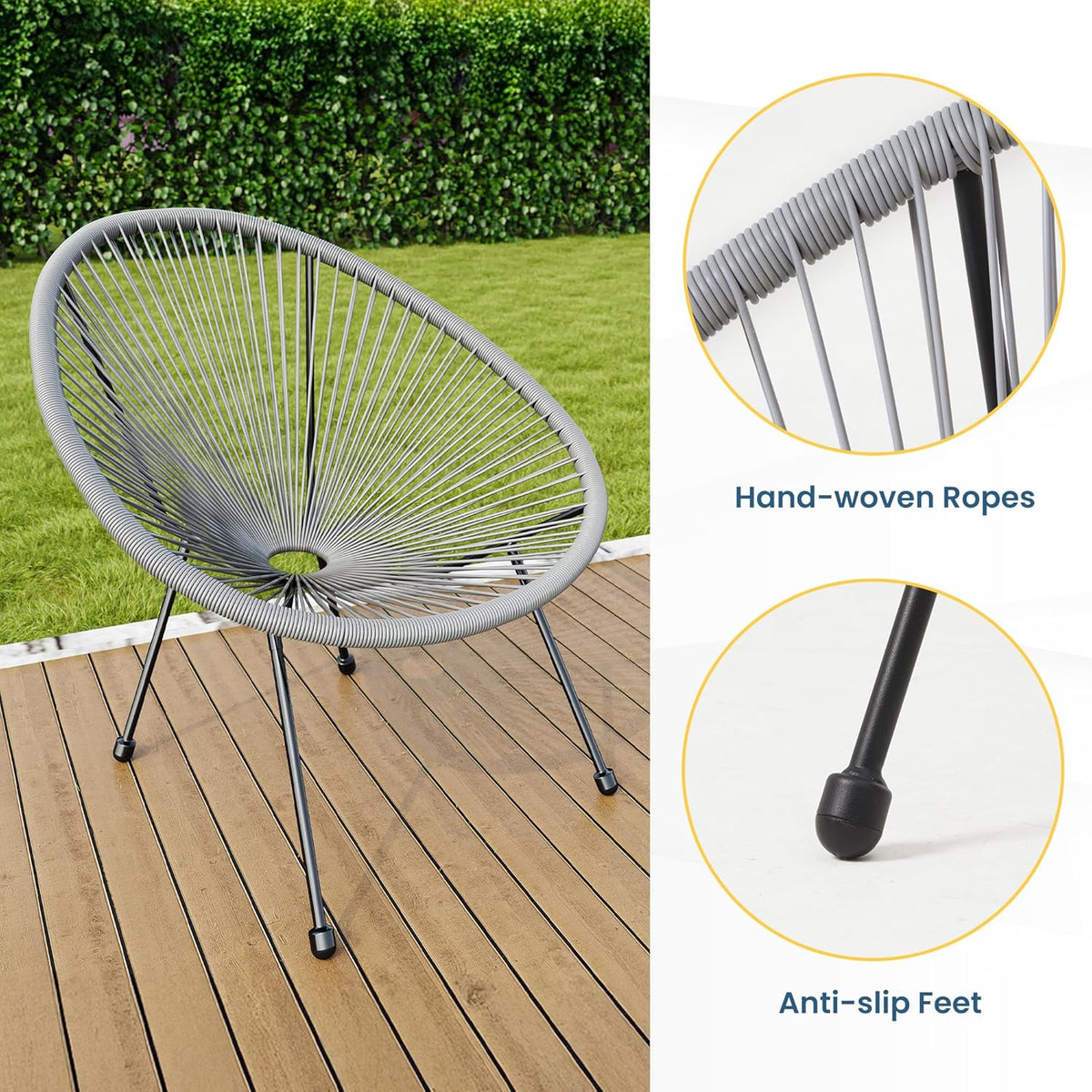 Royalcraft 3-Piece Outdoor Acapulco All-Weather Patio Conversation Bistro Set, Outdoor Woven Rope Chairs and Glass Top Table, 3 Piece Patio Bistro Set for Yard Balcony Poolside, Grey