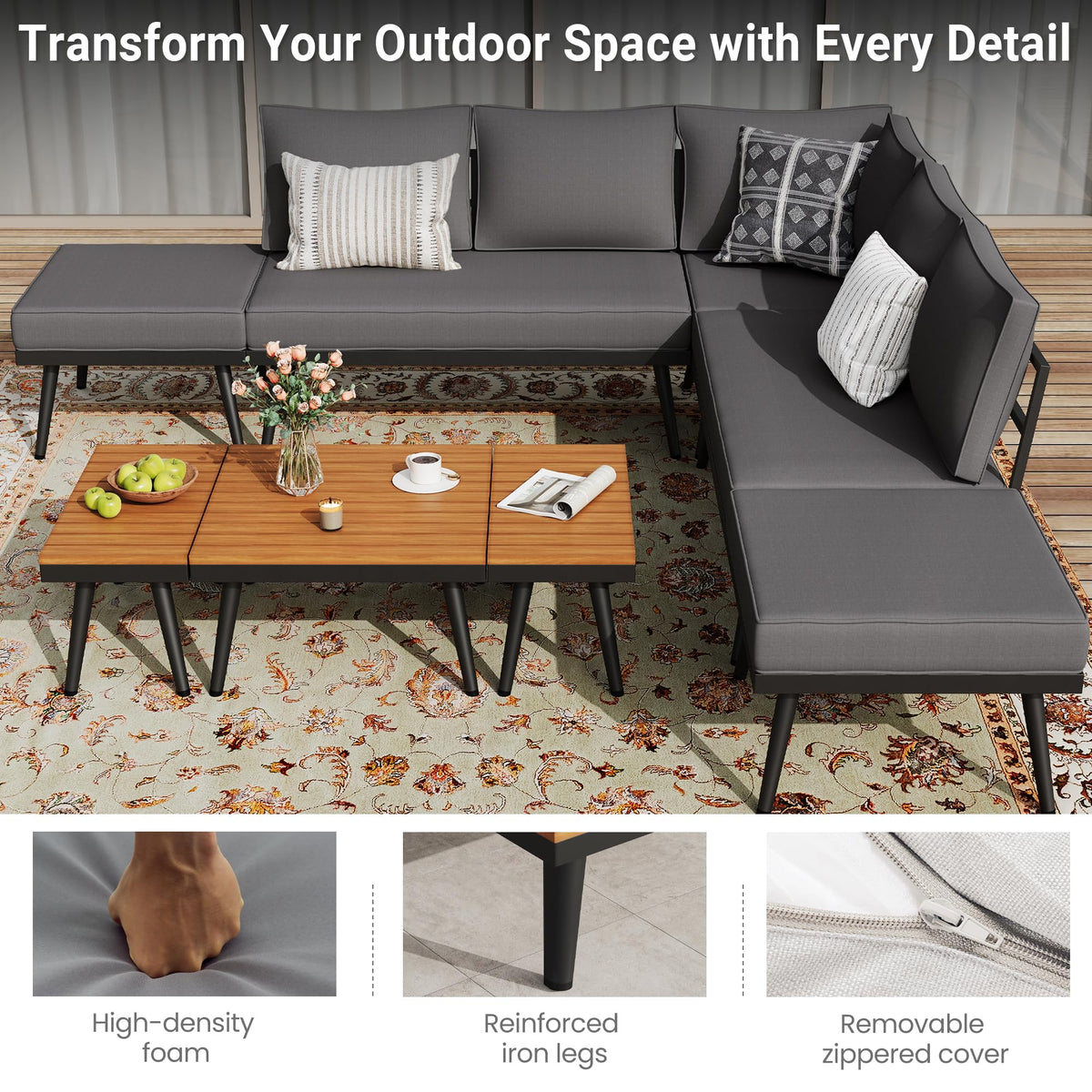 Royalcraft 8 Pieces Outdoor Patio Furniture Set, Outdoor Sectional Sofa Set with Angled Legs and Cushions, Outdoor Patio Conversation Set for Backyard, Porch, Patio, Backyard, Grey