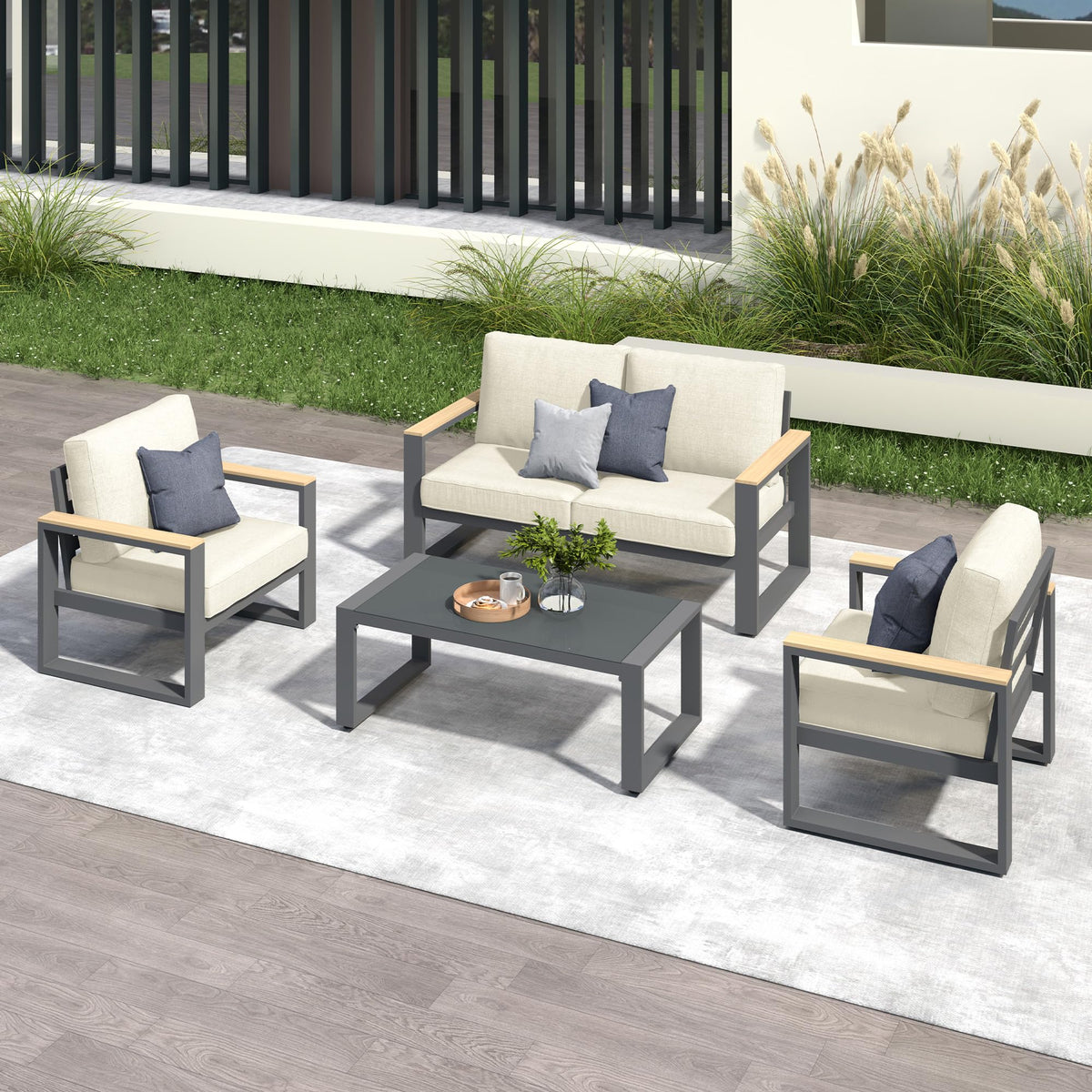 CozyHome Aluminum Patio Furniture, 4-Seats Metal Outdoor Furniture Set with Coffee Table, Modern Patio Sofa Sets Outdoor Conversation Set for Pool Garden Porch Backyard, Beige