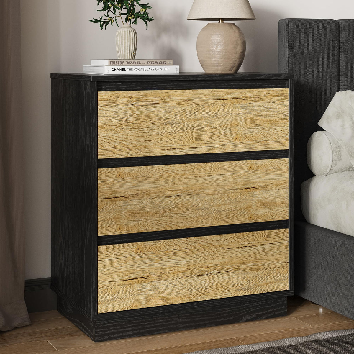 RoyaCraft Wide Nightstand with 3 Drawers, Black Nightstand for Bedroom, Large End Table Bedside Table for Living Room, Black and White