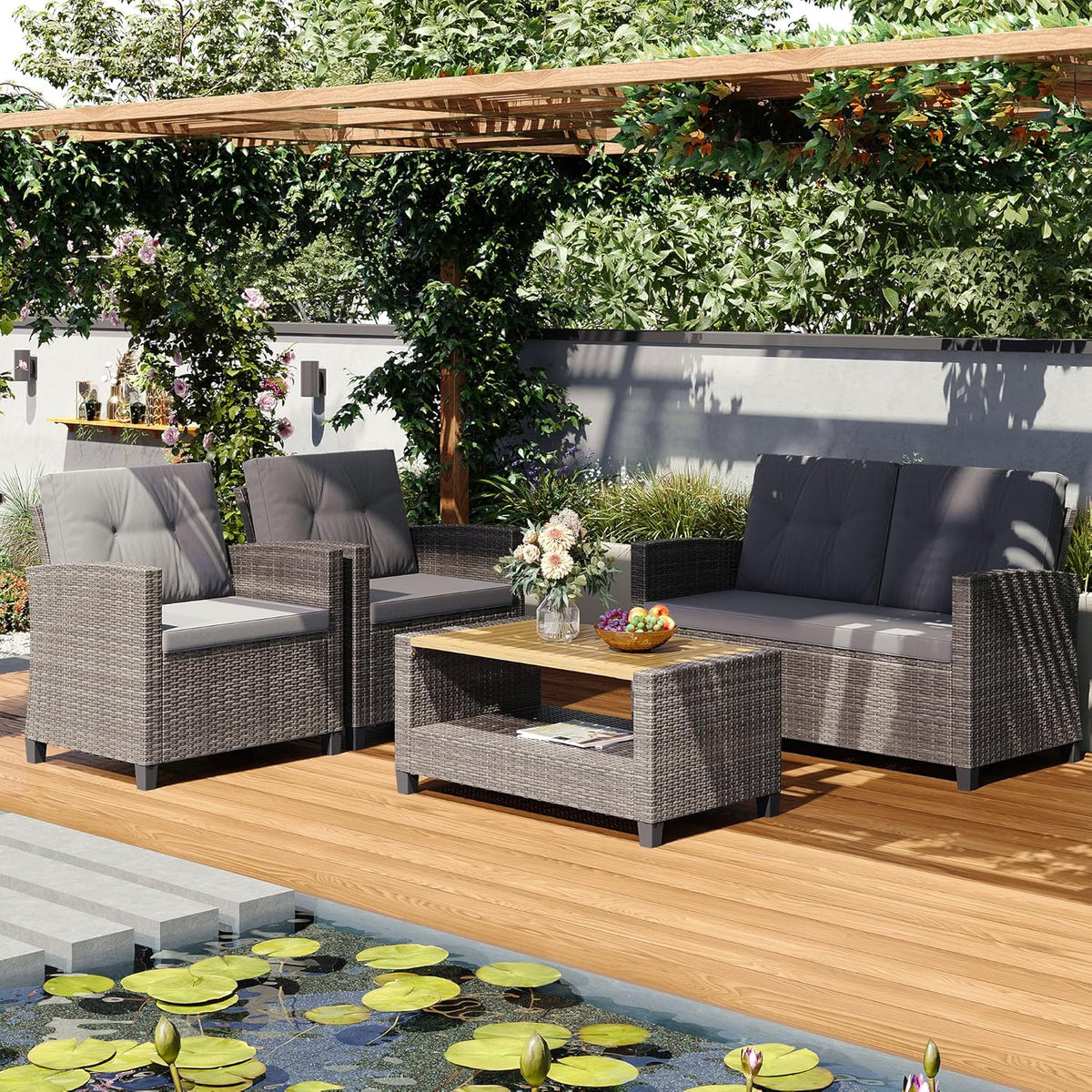 Royalcraft 4-Piece Wicker Patio Conversation Sets with Coffee Table, All Weather Patio Furniture Set with High Backrest, Outdoor Sectional Sofa Couch for Porch Balcony Backyard Deck, Grey