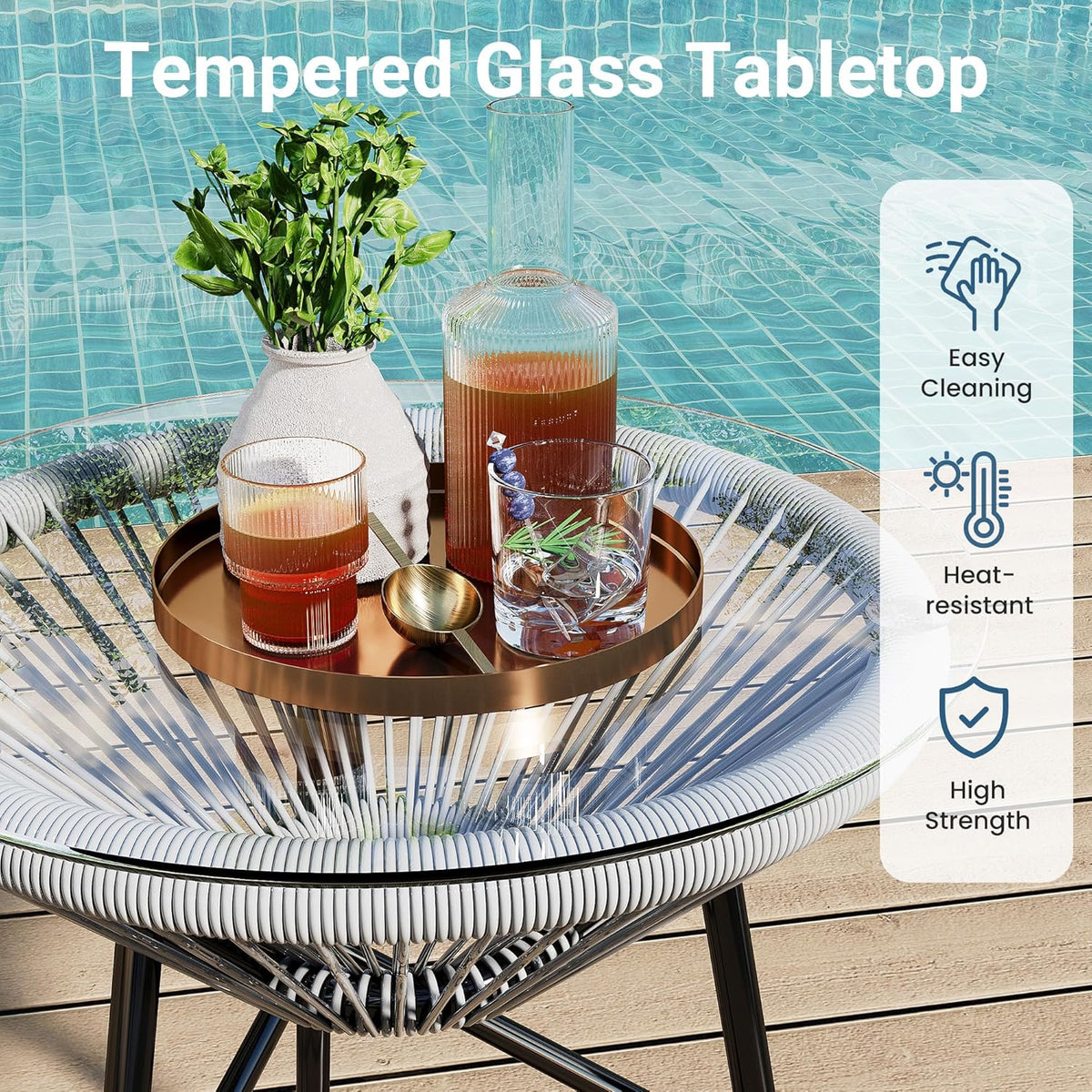 Royalcraft 3-Piece Outdoor Acapulco All-Weather Patio Conversation Bistro Set, Outdoor Woven Rope Chairs and Glass Top Table, 3 Piece Patio Bistro Set for Yard Balcony Poolside, Grey