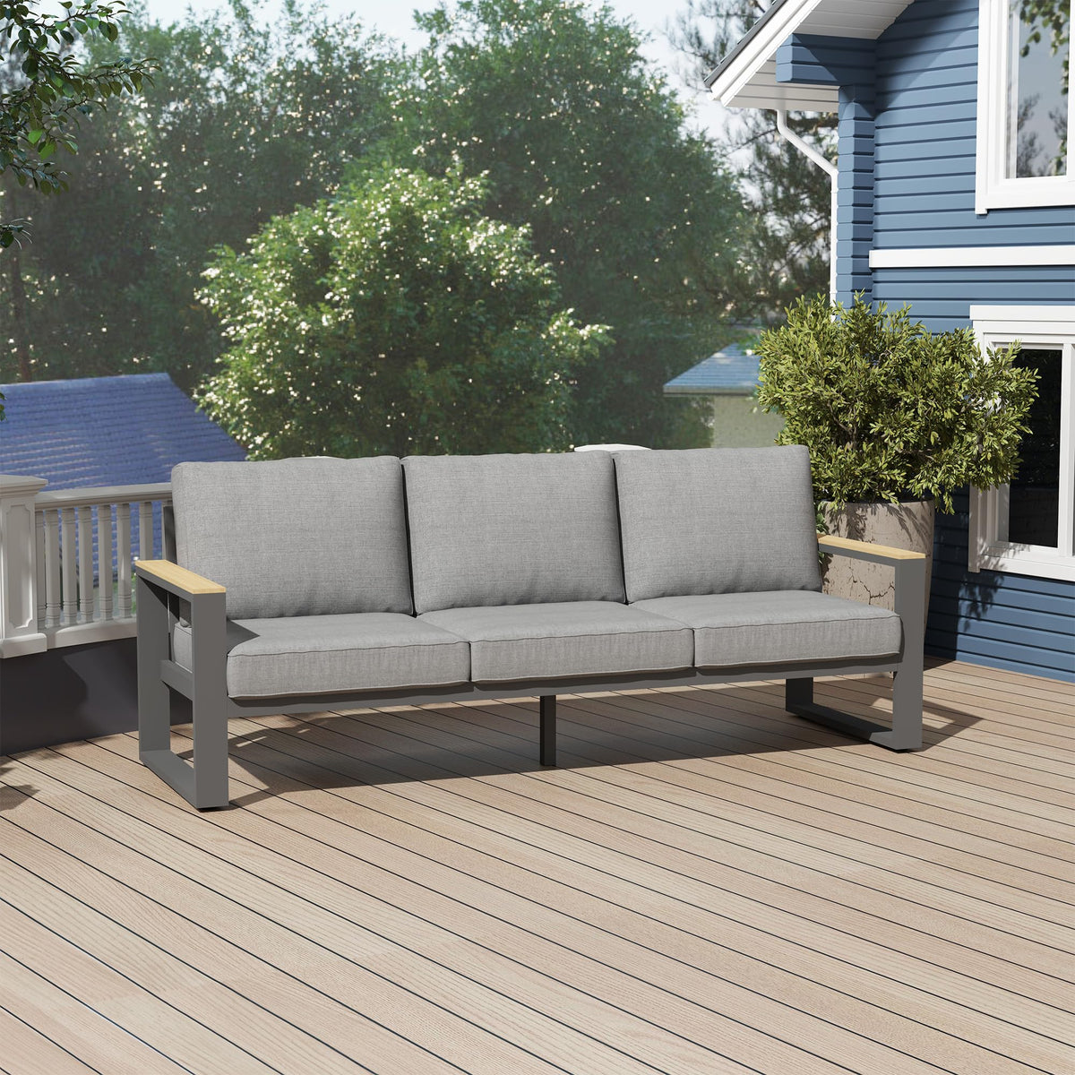 CozyHome Aluminum Outdoor Couch, All-Weather Metal Patio 3-seat Sofa with Soft Thick Cushions, Patio Sofa Couch for Porch Backyard Garden, Grey
