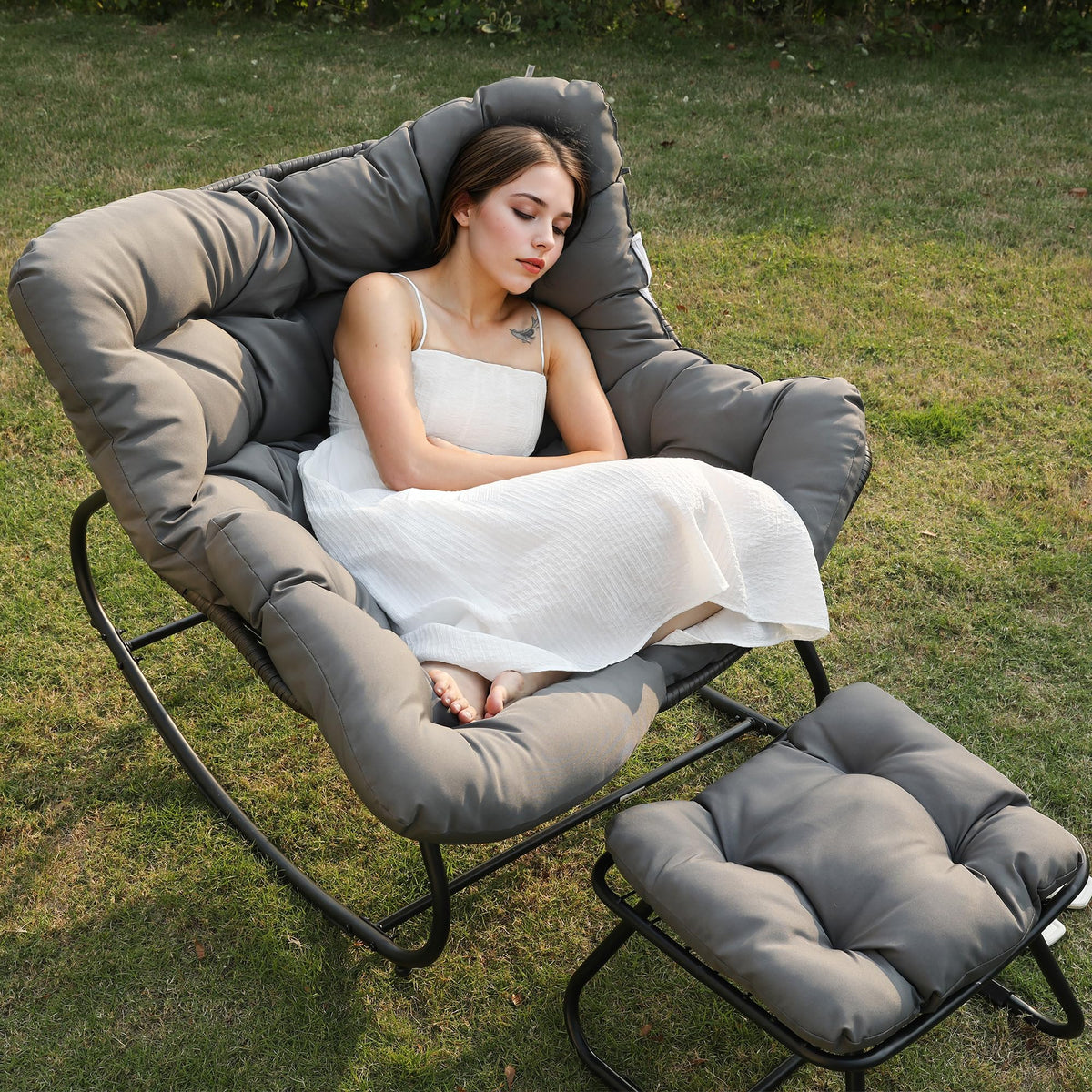 RoyalCraft Patio Rocking Chair with Ottoman, Outdoor Indoor Rocking Egg Chair with Cushions, Metal Lounge Chair Oversized Papasan Chair, Outdoor Wicker Reading Chair for Porch Garden, Dark Grey