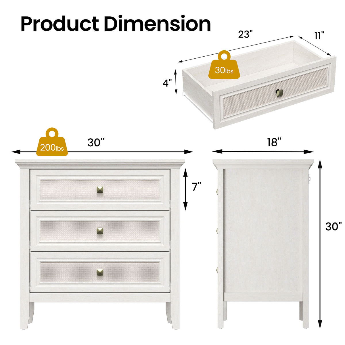 3 Drawer Dresser, Cane Nightstand with Rattan Decorated Drawers, Tall Bedside End Table for Bedroom, Living Room, Entryway