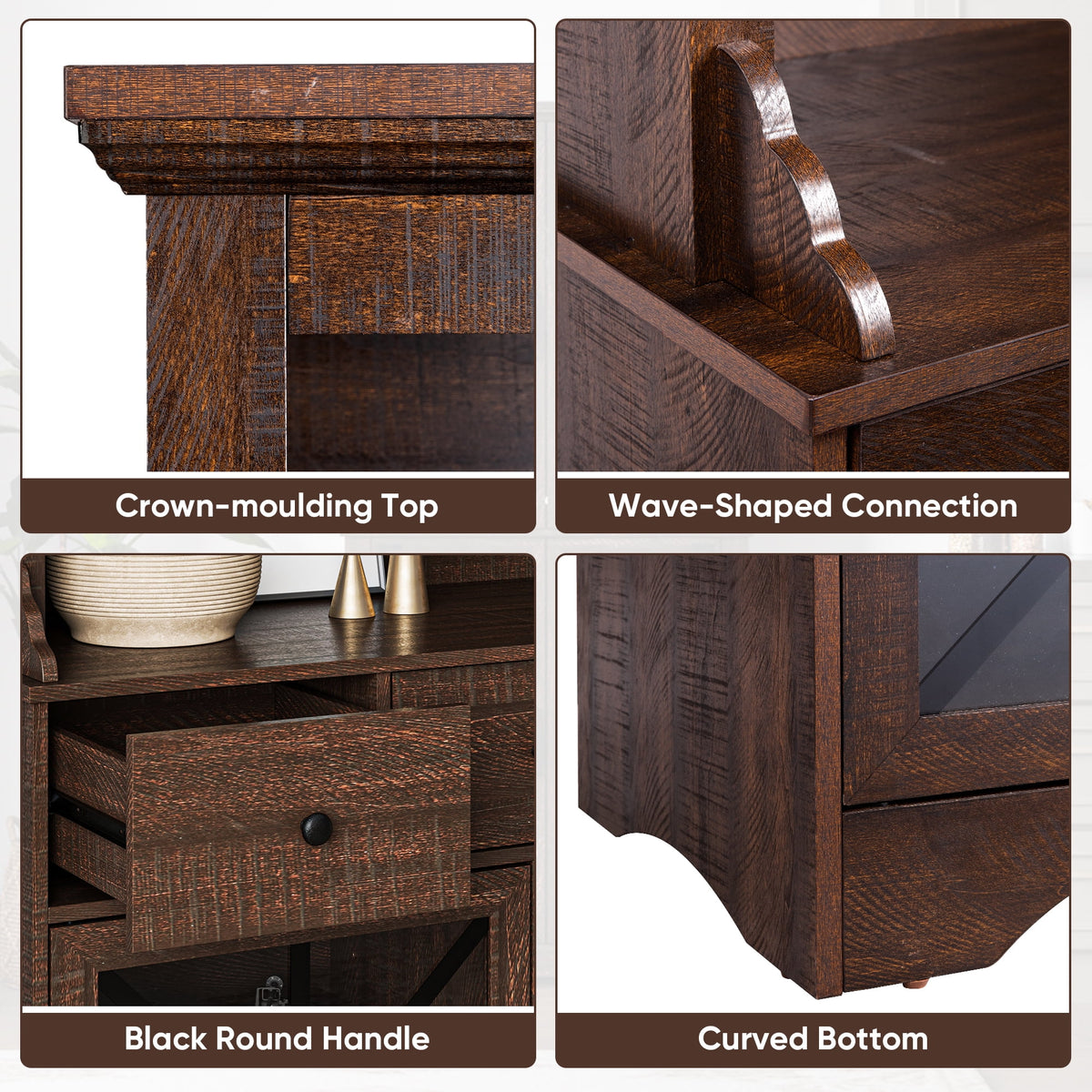 Royalcraft 71'' Tall Farmhouse Bar Cabinet, Retro Buffet Cabinet with Charge Station & LED Lights, Liquor Cabinet Bar with Wine Bottle Rack & Glass Doors for Kitchen, Dining Room, Living Room, Brown