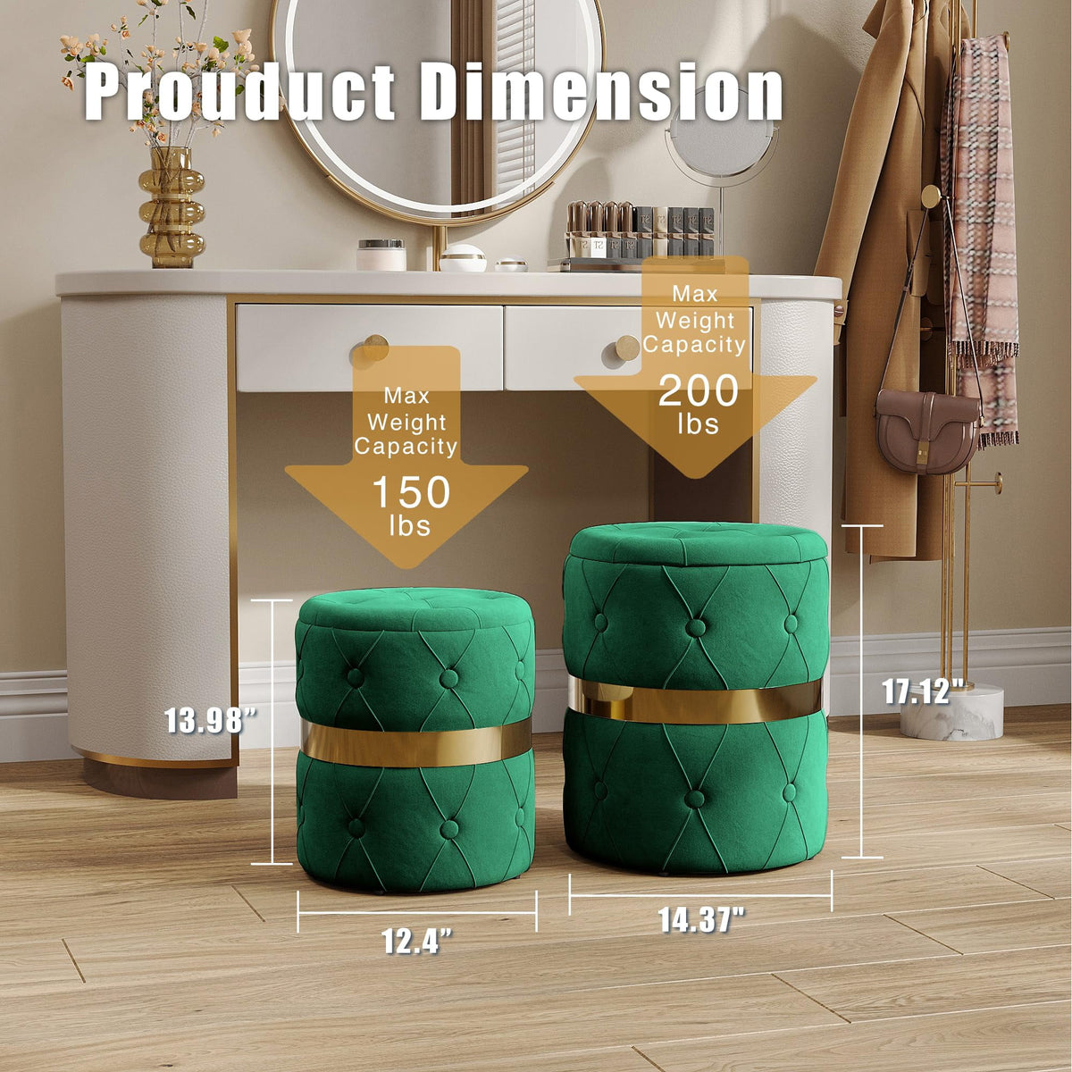 RoyalCraft Storage Ottoman Set of 2, Versatile Footrest Stool with Stainless Steel Base, Modern Round Vanity Stool Chair Foot Stools, Support 200lbs Padded Seat, for Living Room, Bedroom, Green