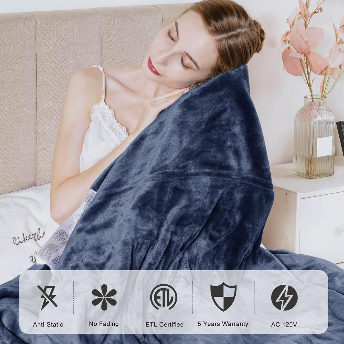 Royalcraft Electric Heated Blanket, 84" x 62" Twin Size Electric Blanket with 10 Heating Levels and 12 Hours Auto-Off, Soft Flannel Blanket with ETL Certification,Blue electric heated blanket