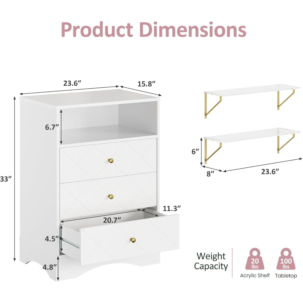 CozyHome Dresser with Drawers & Floating Shelves, 3 Drawer Dresser with Open Storage & Painted Finish, Modern Storage Dresser for Toddler Room, Bedroom, Closet, Hallway, White