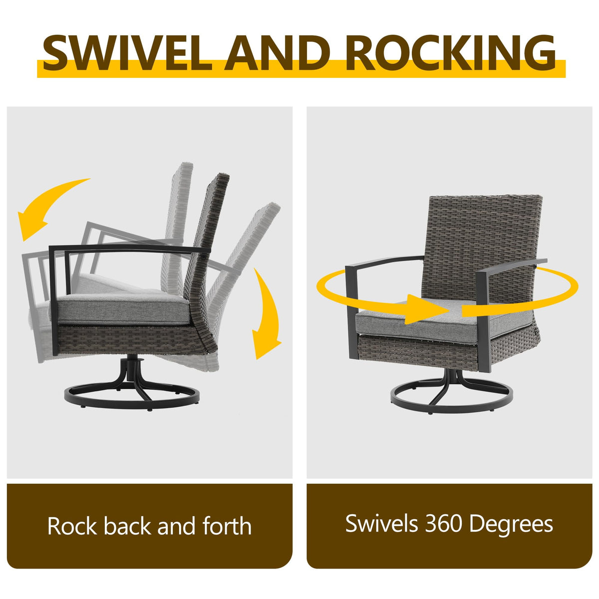Royalcraft 3 Pieces Patio Bistro Set with Swivel Chair and Small Side Table, All Weather Rattan Chairs with Water-Resistant Cushions & Metal Frame, Outdoor Rocking Chairs, Grey