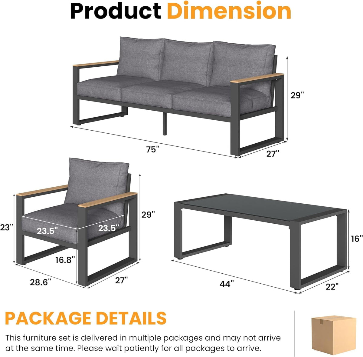 RoyalCraft Aluminum Patio Furniture Set, 4 Piece Outdoor Conversation Set with Coffee Table, Metal Outdoor Patio Furniture Set for Porch Backyard Garden, Grey