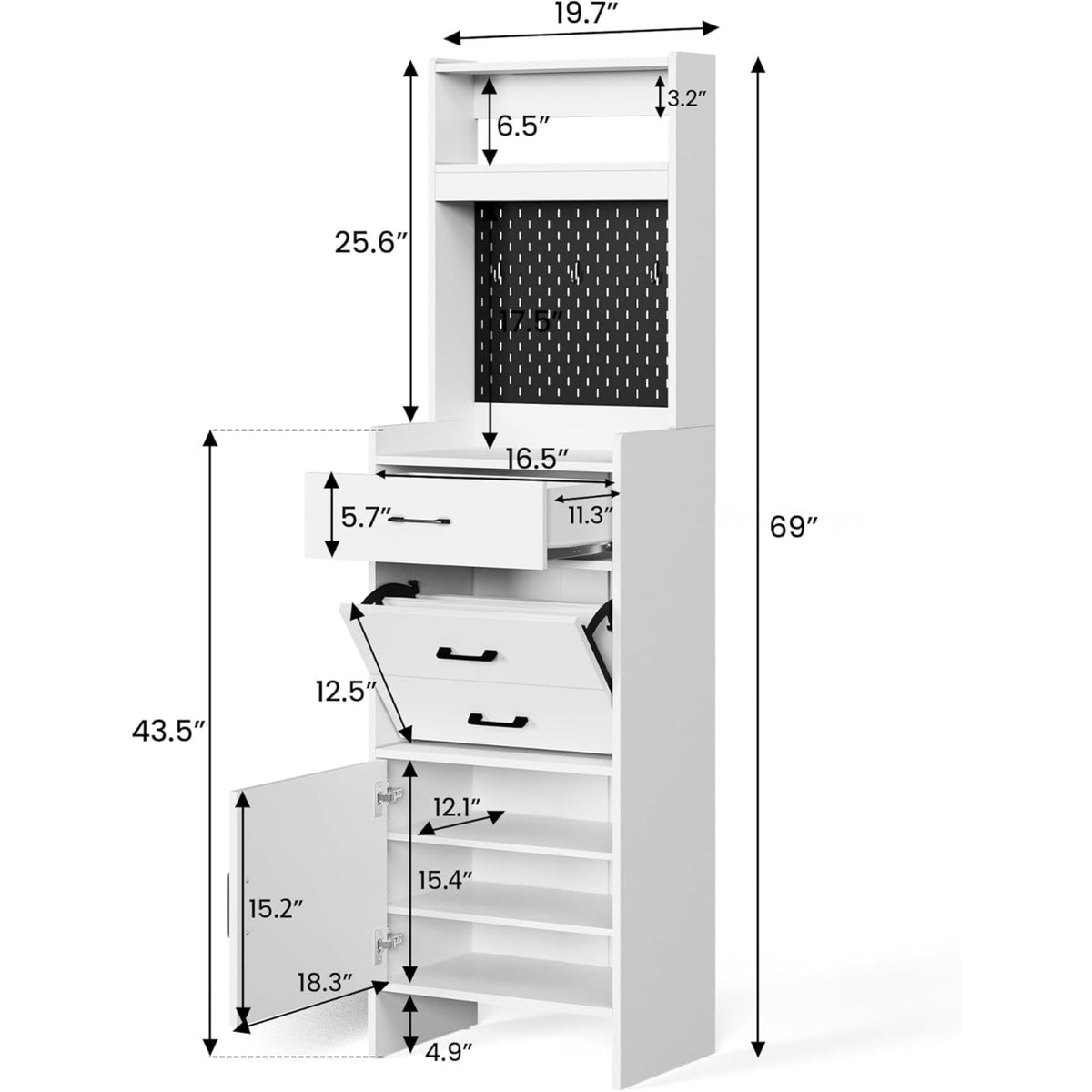 CozyHome 5-in-1 Shoe Cabinet with Flip Drawer, Entryway Shoe Storage with Pegboard, Adjustable Shelf, Wood Entryway Cabinet, White