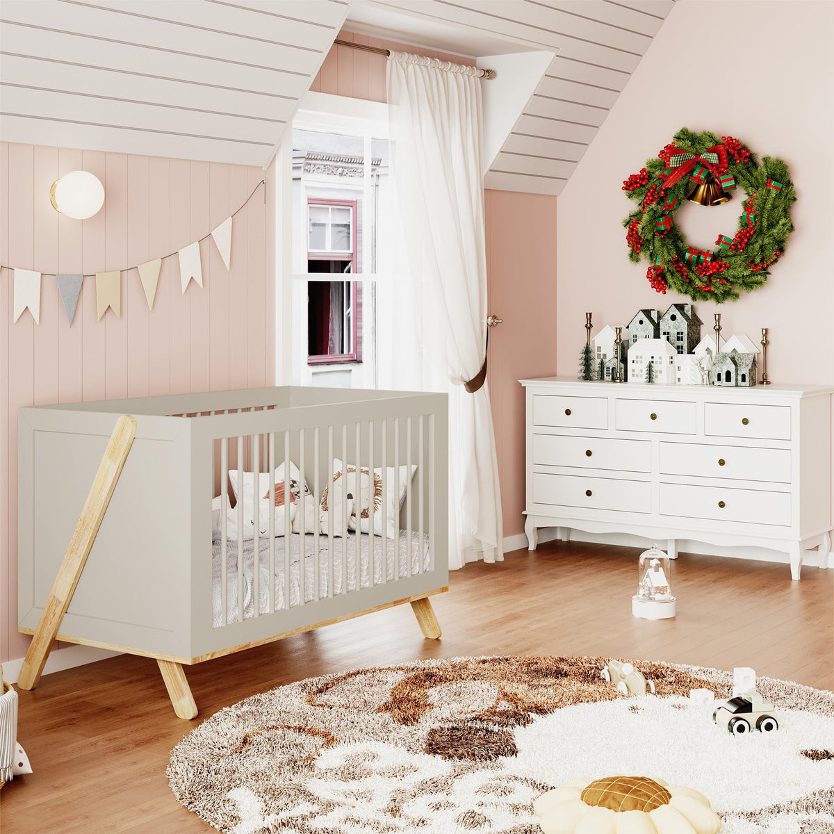 CozyHome 4-in-1 Convertible Crib, Wooden Baby Crib Bed, Crib Converts to Toddler Bed Daybed and Desk, Baby Furniture, Grey