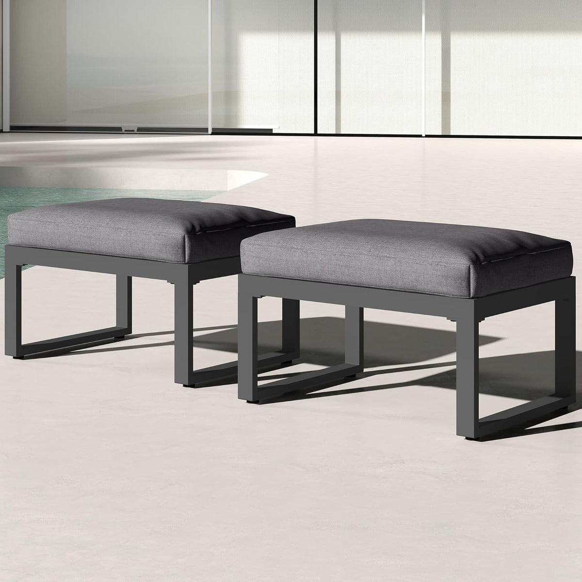Royalcraft 2 Pieces Aluminum Outdoor Patio Ottoman Set, Outdoor Foot Stools with Thick Cushion, Small Seat Furniture for Porch Balcony Backyard, Grey
