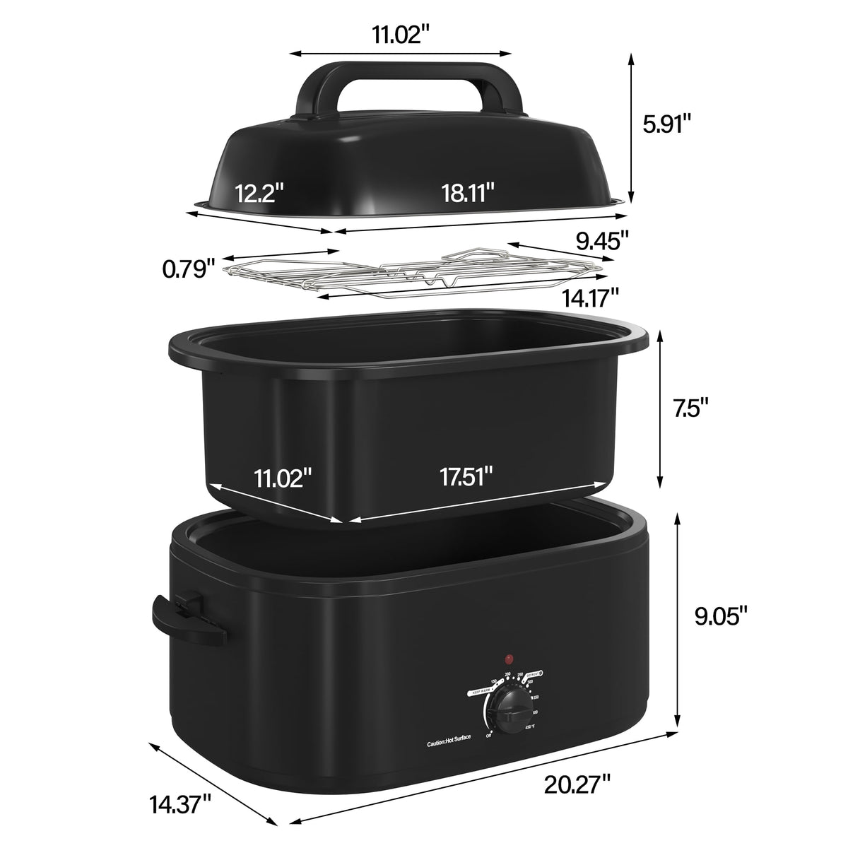 RoyalCraft 26 Quart Electric Turkey Roaster Oven with Visible Glass Lid, with Removable Pan & Rack, Stainless Steel, Silver